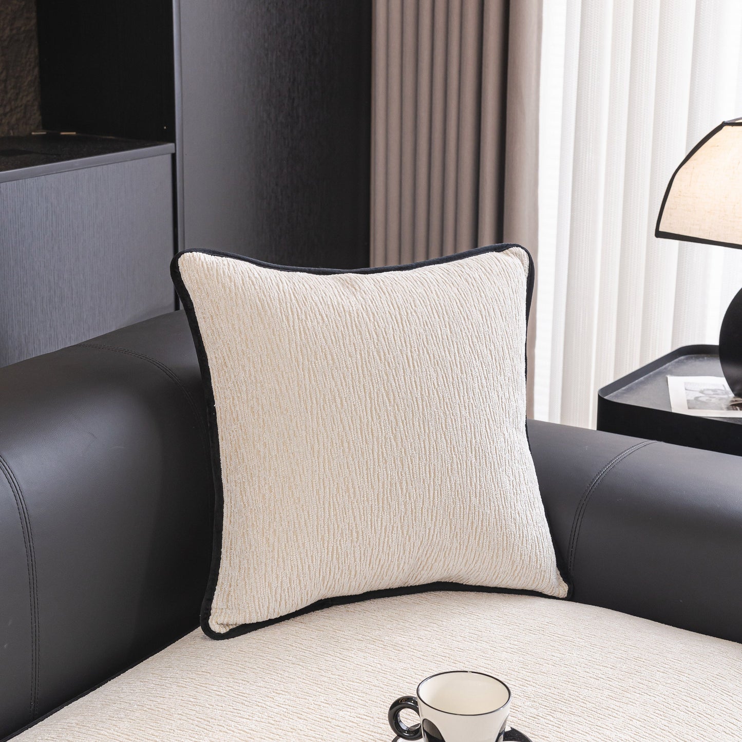 Elegant living room with Chenille Couch Cover and matching pillow, showcasing scalloped edge, cozy design, and non-slip modular slipcover sectional.