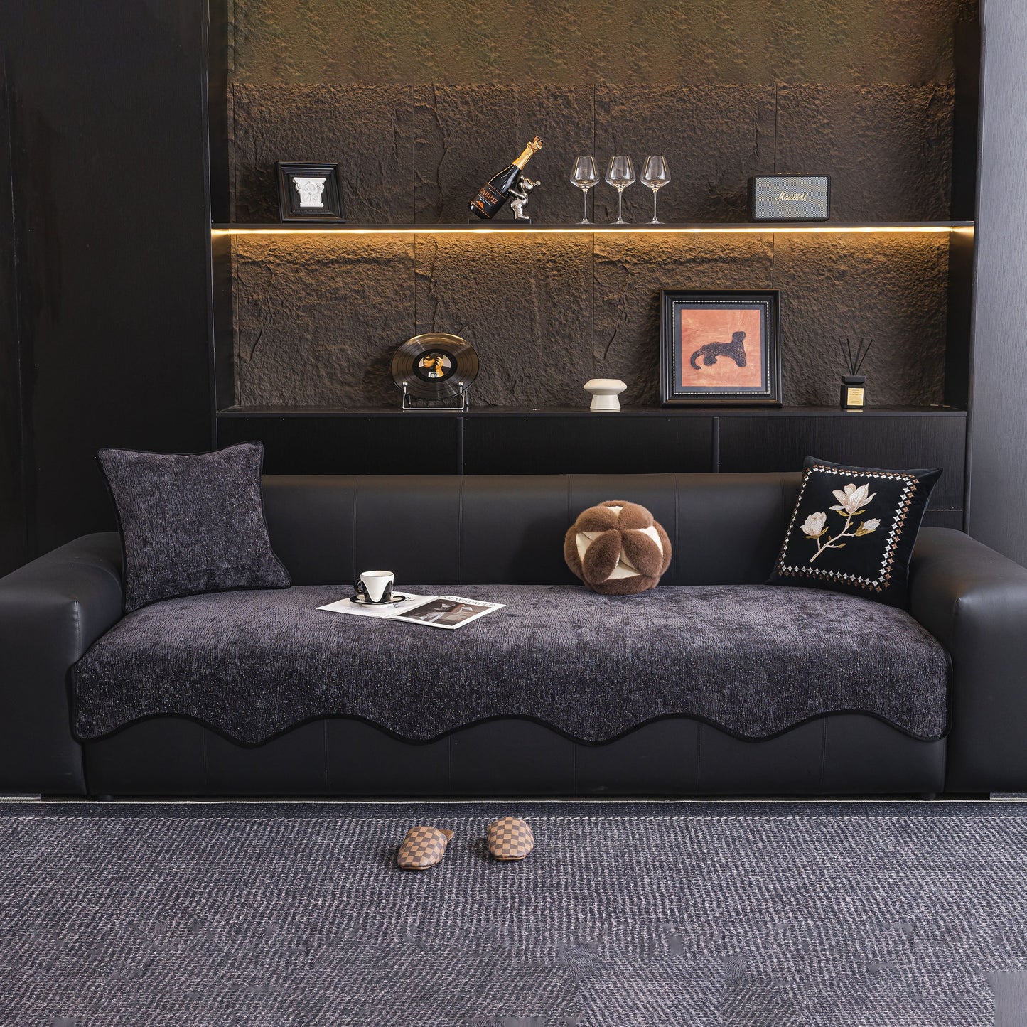 Chenille Couch Cover with Scalloped Edge on black sofa, showcasing non-slip modular slipcover sectional with elegant design