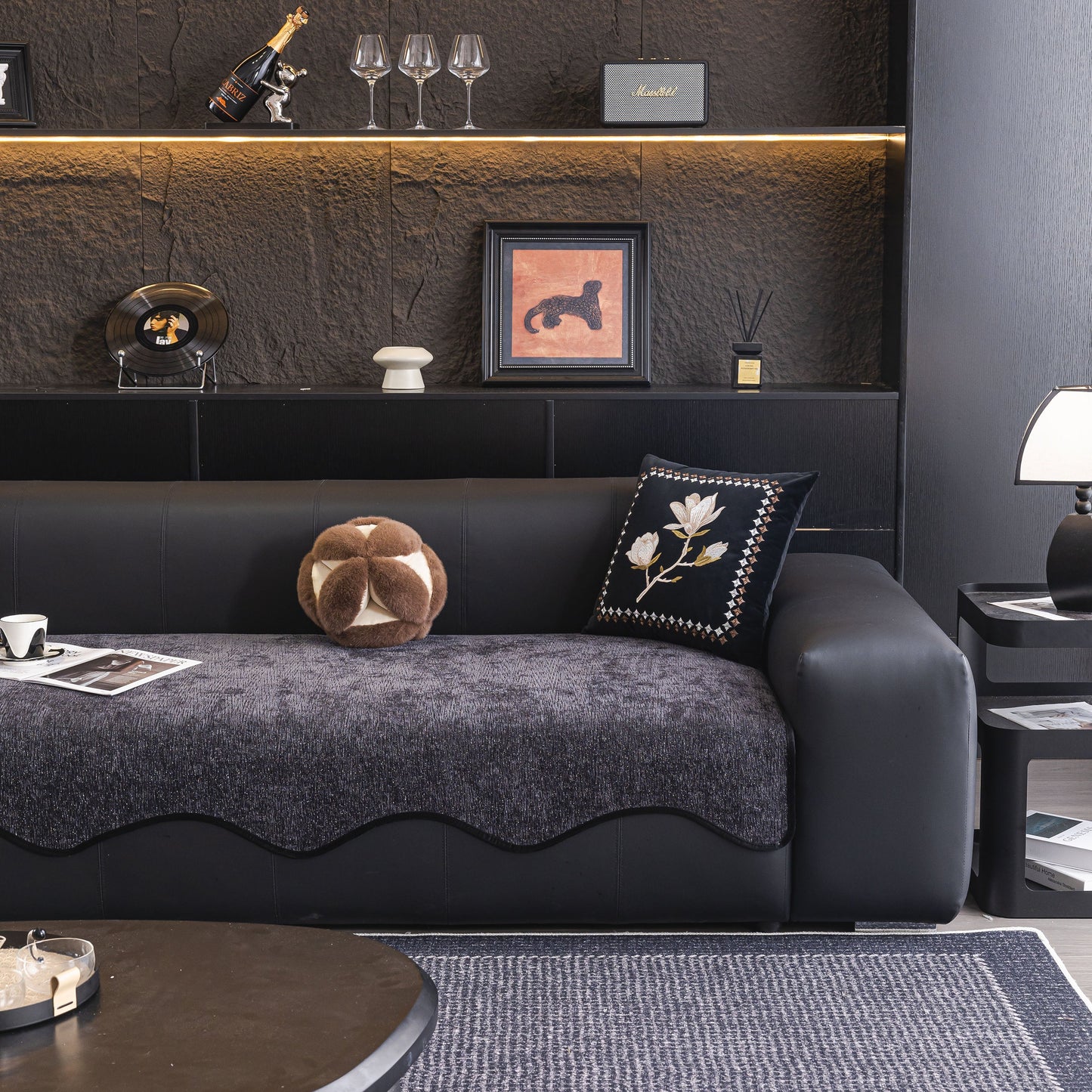 Chenille Couch Cover with Scalloped Edge, Non-Slip Modular Slipcover Sectional on black sofa