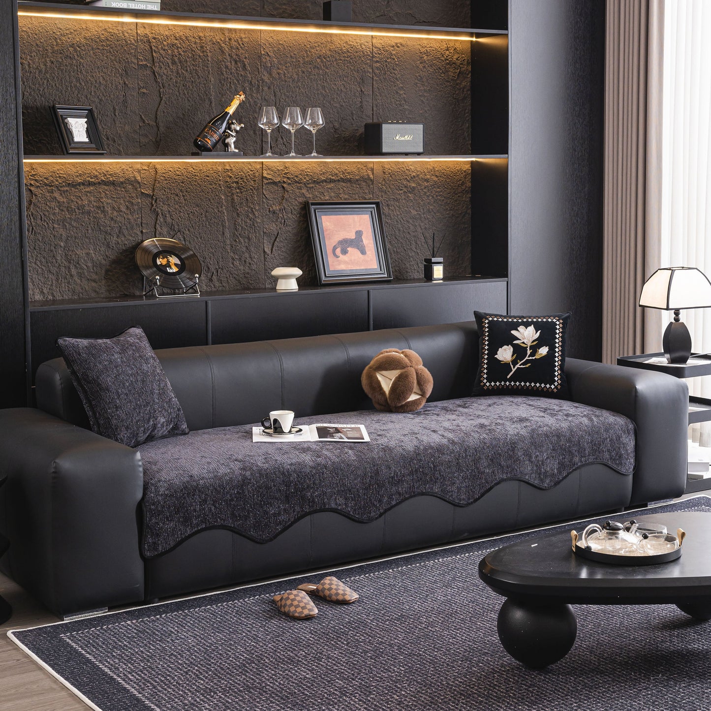 Chenille Couch Cover with Scalloped Edge, Non-Slip Modular Slipcover Sectional on a modern sofa in a stylish living room.