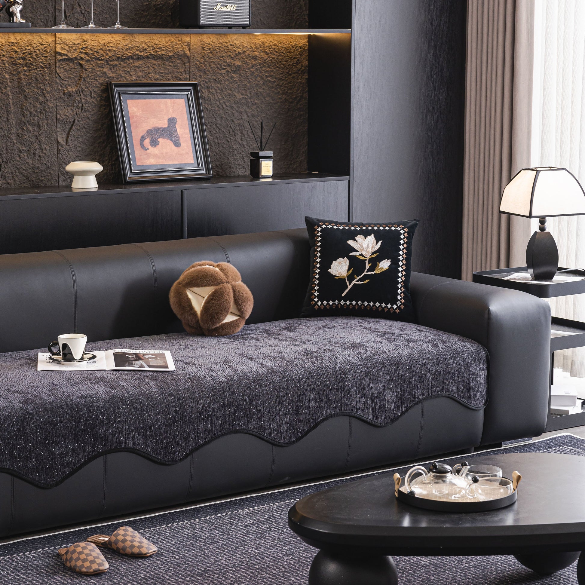 Chenille Couch Cover with Scalloped Edge, Non-Slip Modular Slipcover Sectional on a stylishly decorated living room sofa.