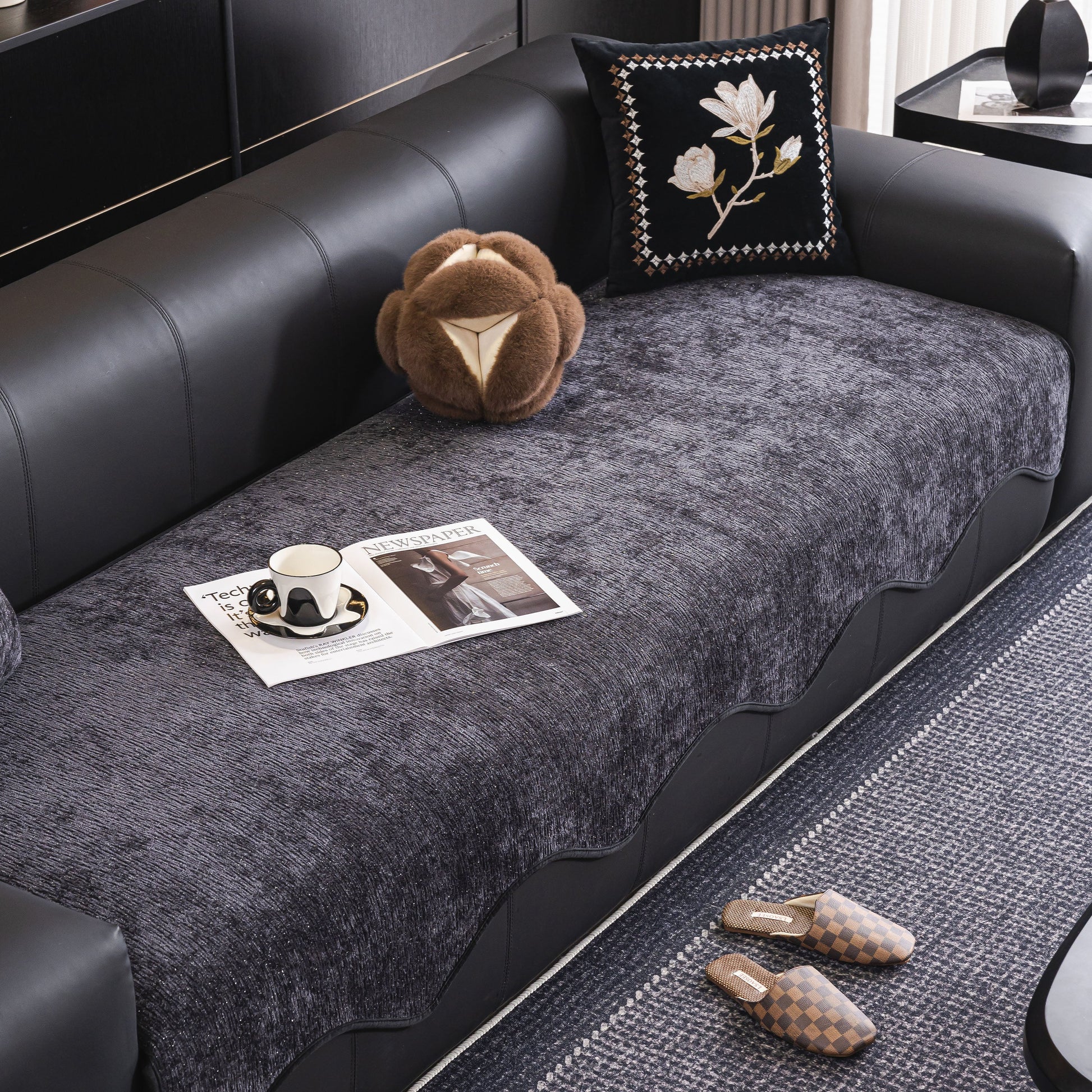 Chenille Couch Cover with Scalloped Edge, Non-Slip Modular Slipcover Sectional on dark sofa