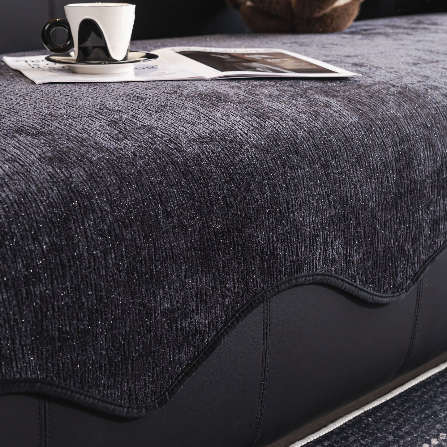 Chenille Couch Cover with Scalloped Edge, Non-Slip Modular Slipcover Sectional on a sofa with elegant border detail.
