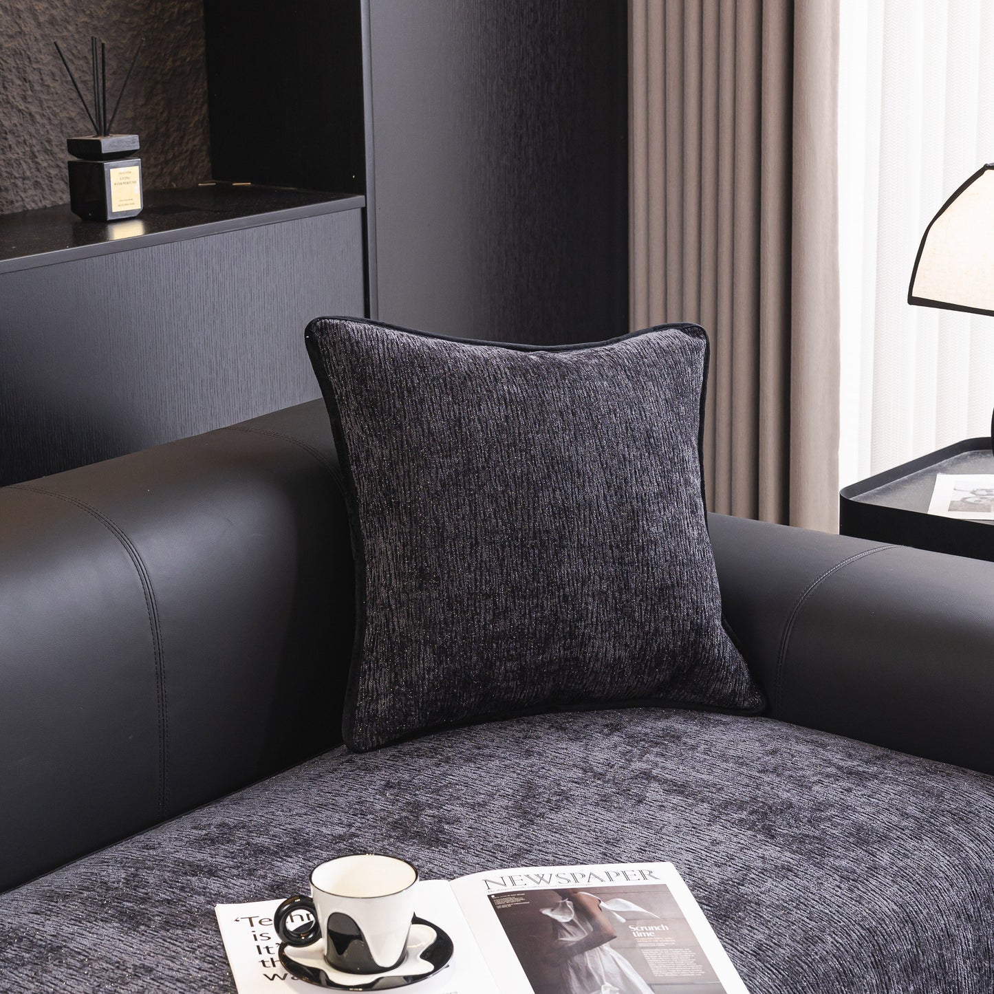 Modern living room with black chenille couch cover with scalloped edge, non-slip modular slipcover sectional sofa.