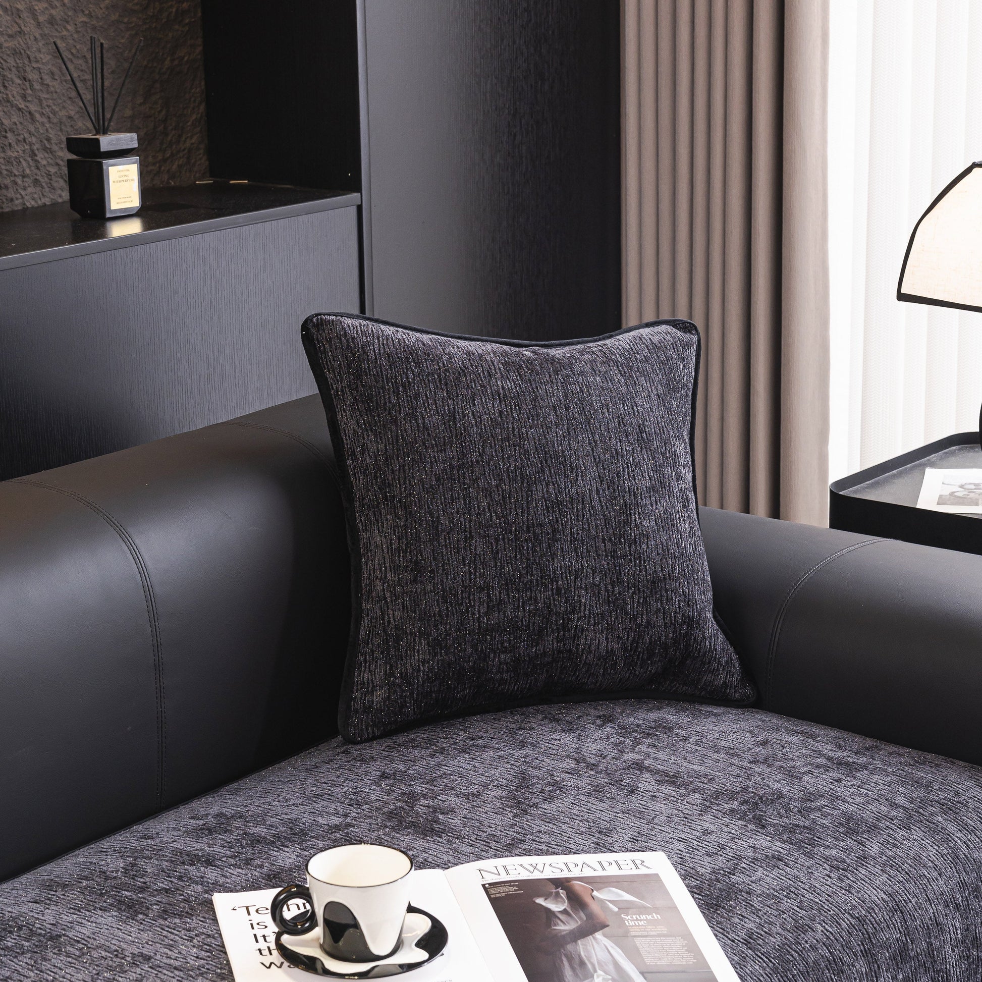 Modern living room with black chenille couch cover with scalloped edge, non-slip modular slipcover sectional sofa.