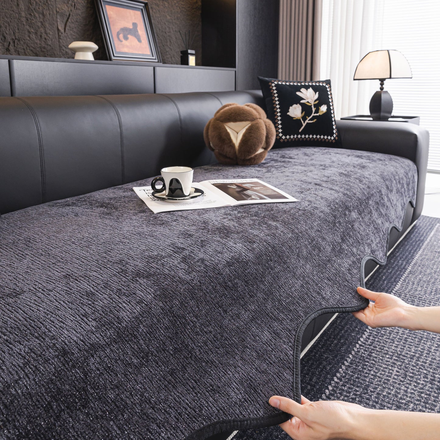 Chenille Couch Cover with Scalloped Edge, Non-Slip Modular Slipcover Sectional on leather sofa