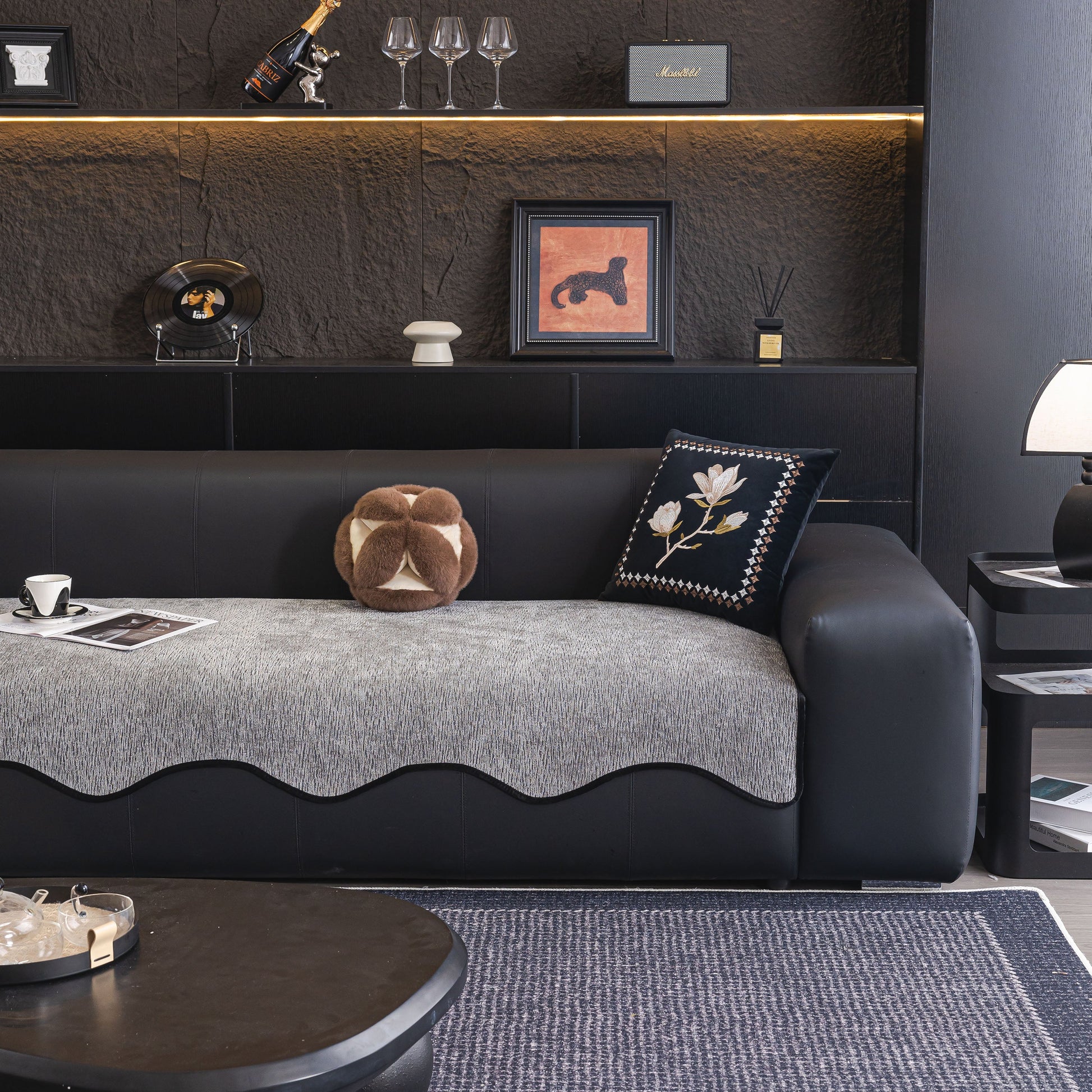Chenille Couch Cover with Scalloped Edge, Non-Slip Modular Slipcover Sectional on modern sofa