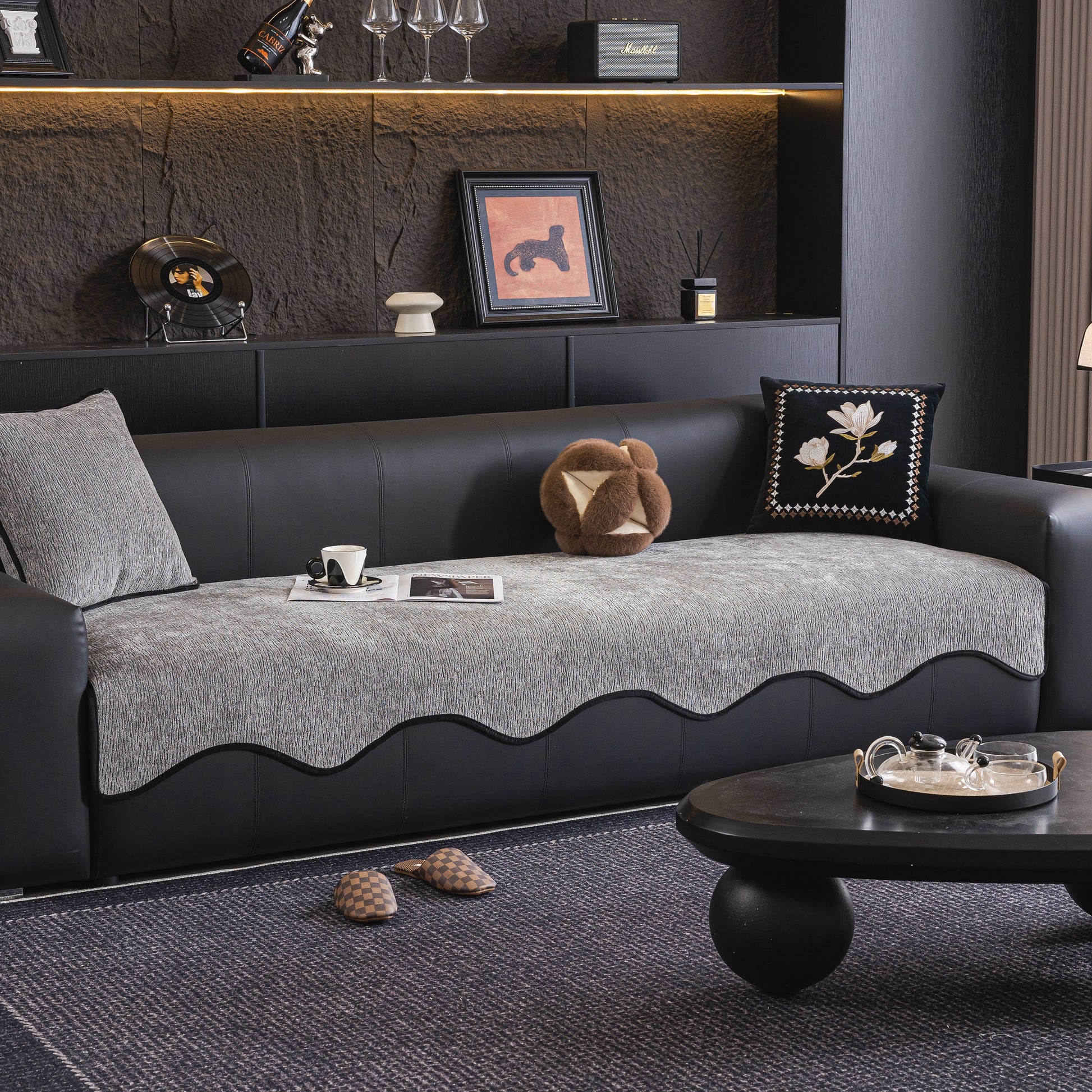 Chenille Couch Cover with Scalloped Edge, Non-Slip Modular Slipcover Sectional on a modern black sofa