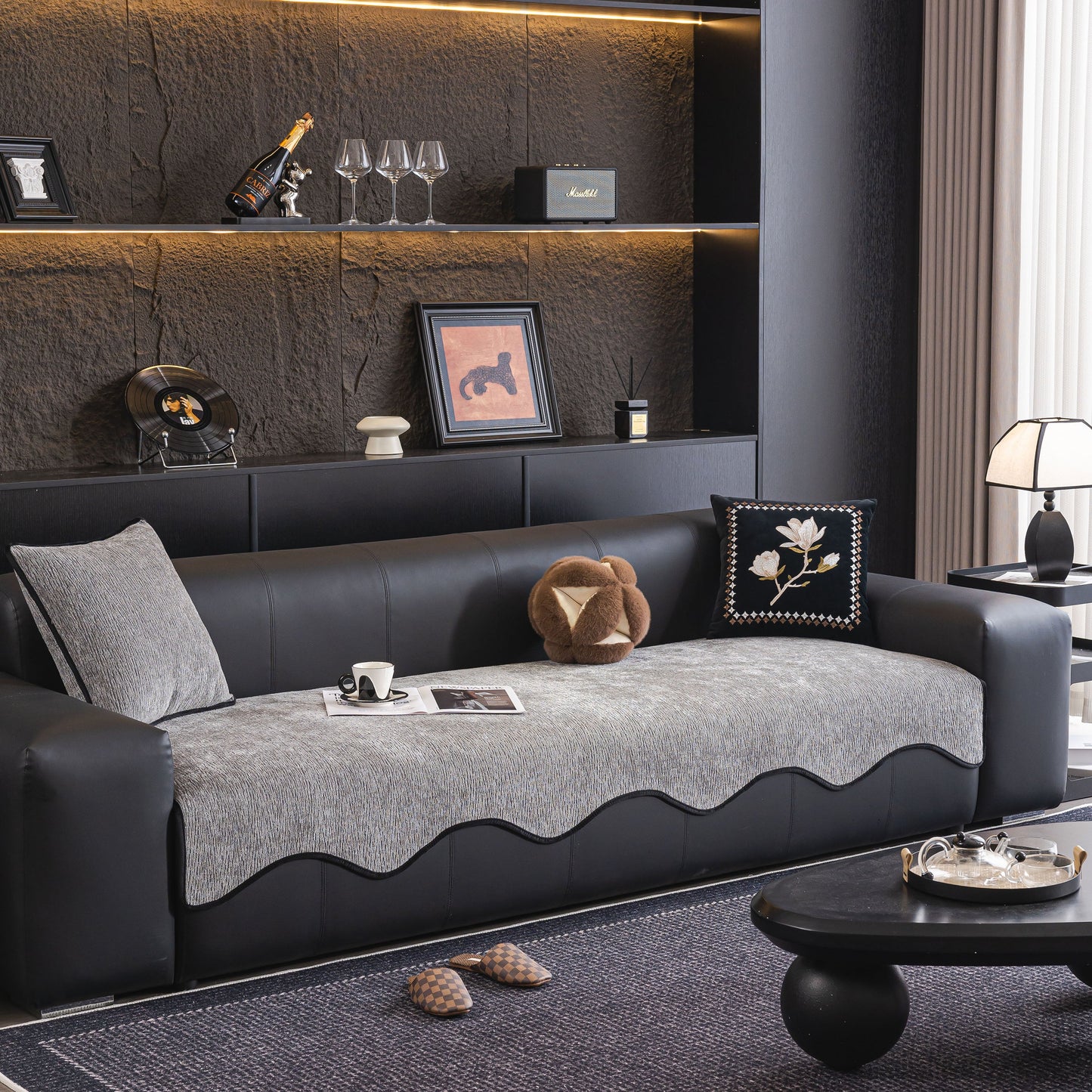 Chenille Couch Cover with Scalloped Edge, Non-Slip Modular Slipcover Sectional on dark leather sofa