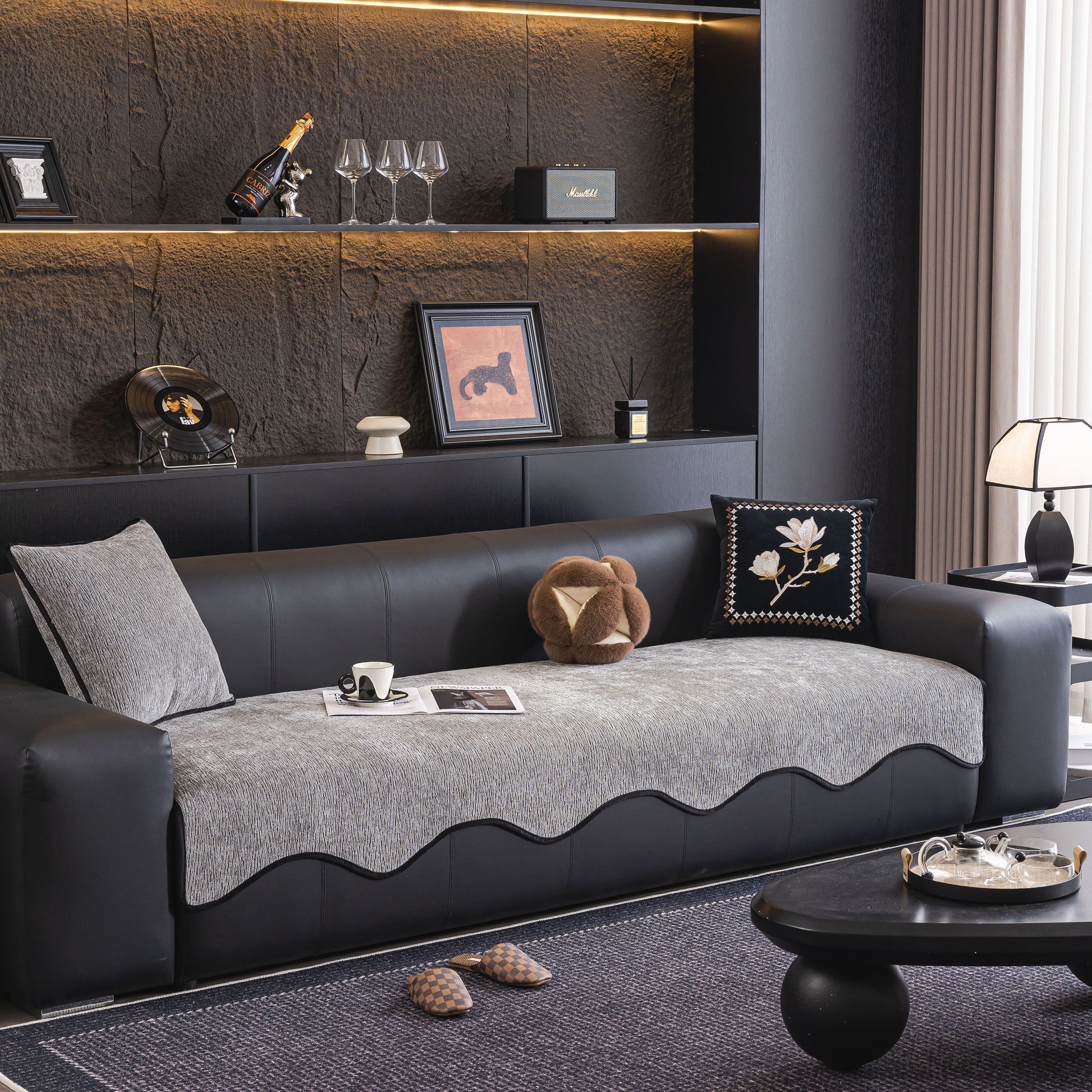 Chenille Couch Cover with Scalloped Edge, Non-Slip Modular Slipcover Sectional on dark leather sofa