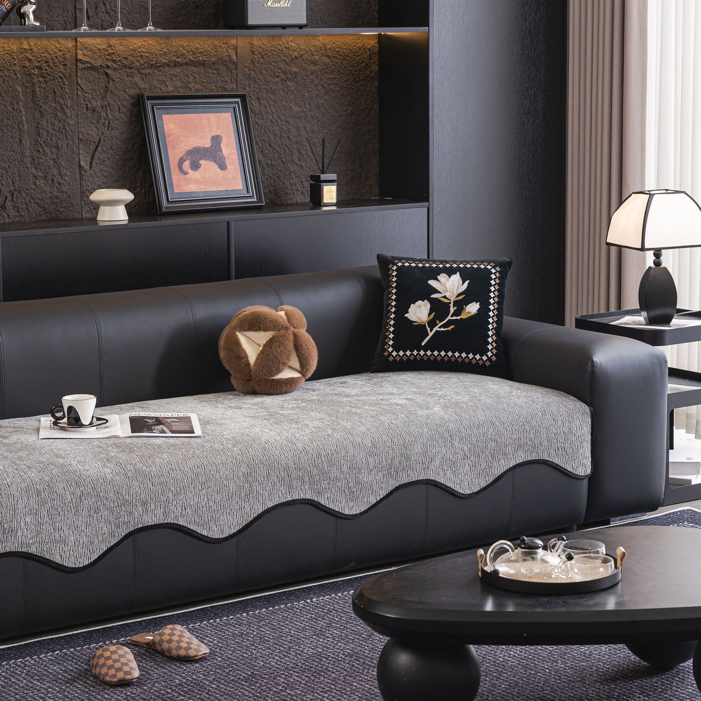 Chenille Couch Cover with Scalloped Edge, Non-Slip Modular Slipcover Sectional on black sofa in modern living room.