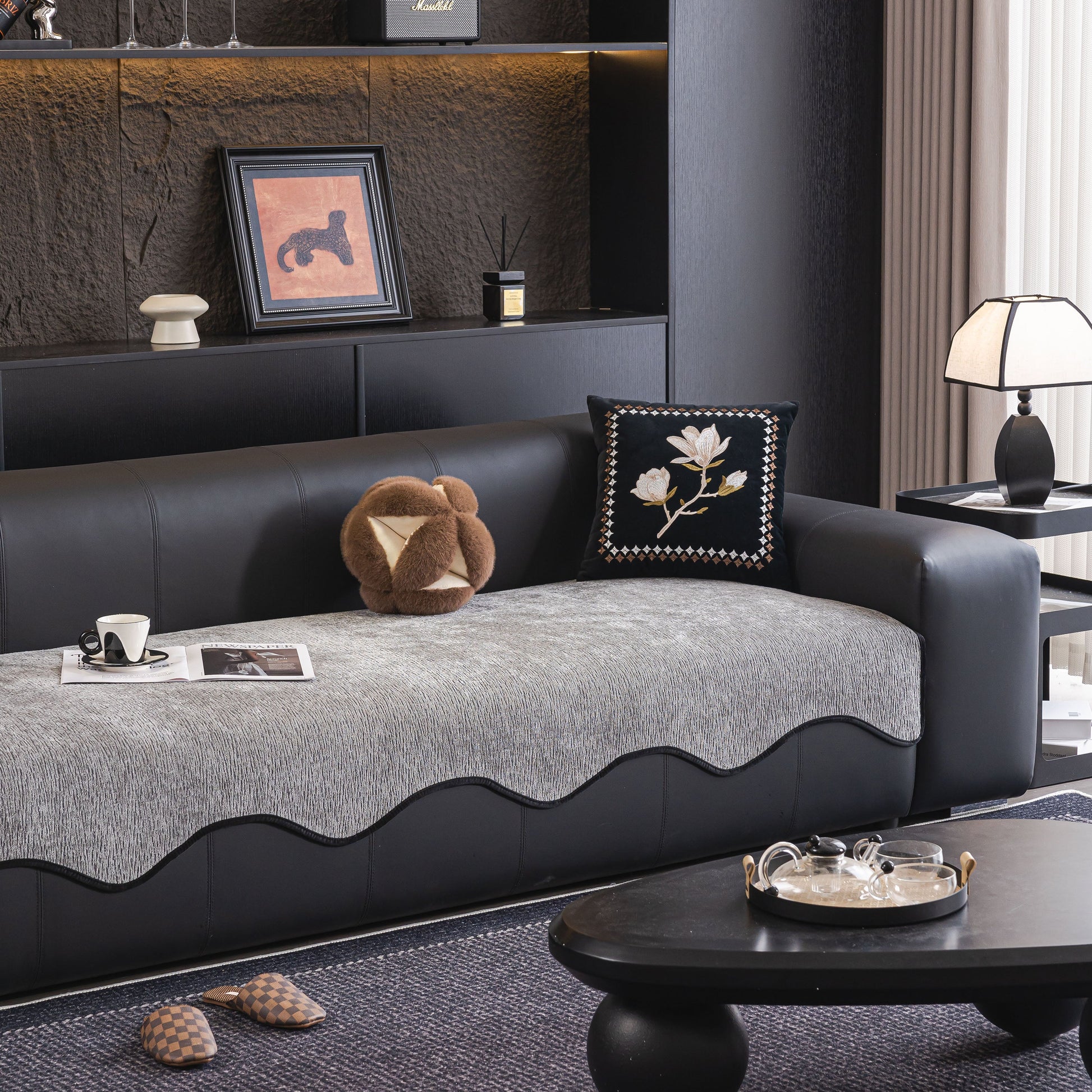Chenille Couch Cover with Scalloped Edge, Non-Slip Modular Slipcover Sectional on black sofa in modern living room.