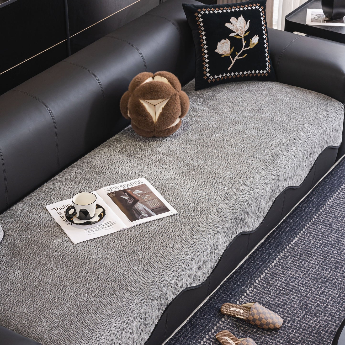 Chenille Couch Cover with Scalloped Edge on leather sofa, showcasing plush texture and non-slip modular slipcover sectional design.