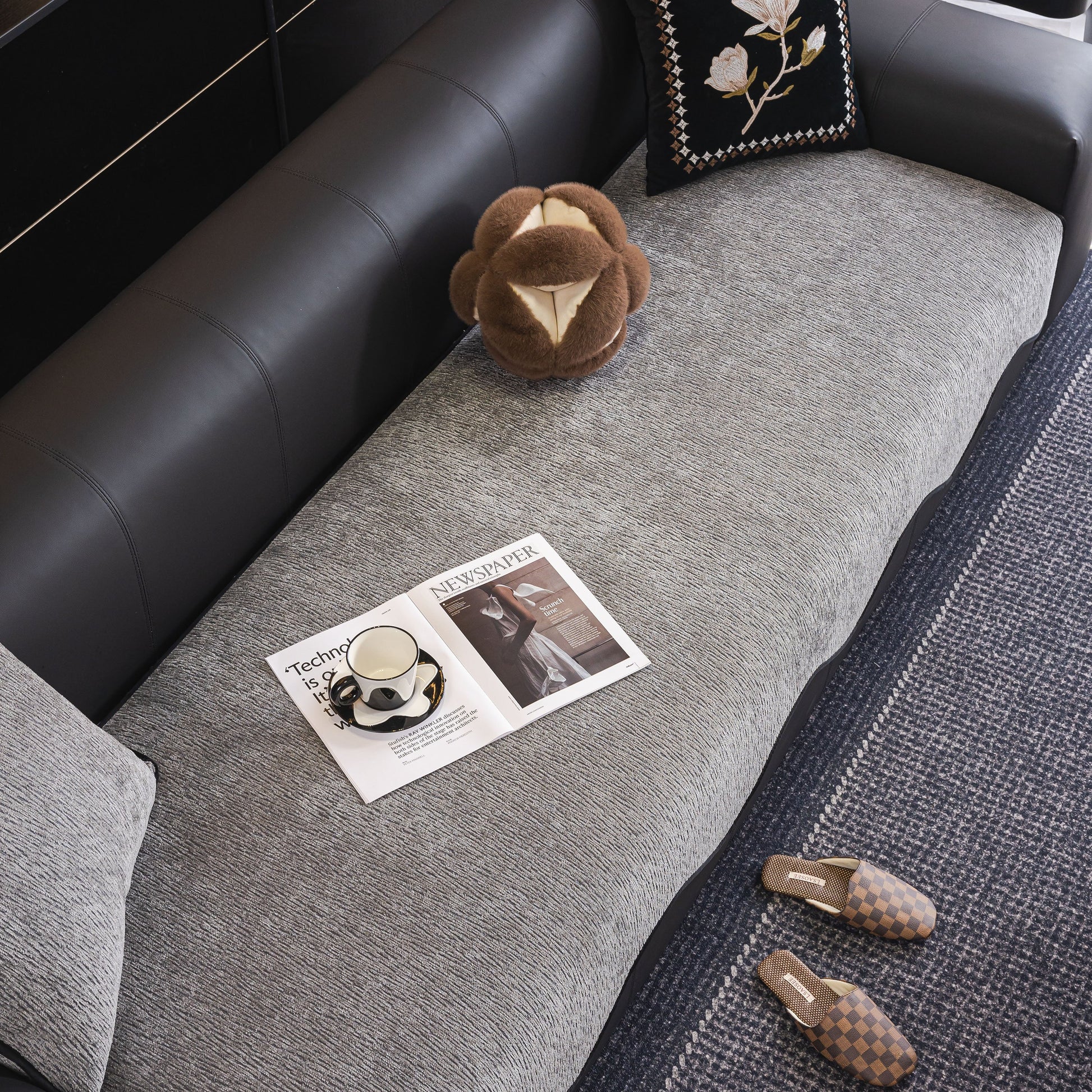 Chenille Couch Cover with Scalloped Edge, Non-Slip Modular Slipcover Sectional on a sofa with decorative pillows and magazine.