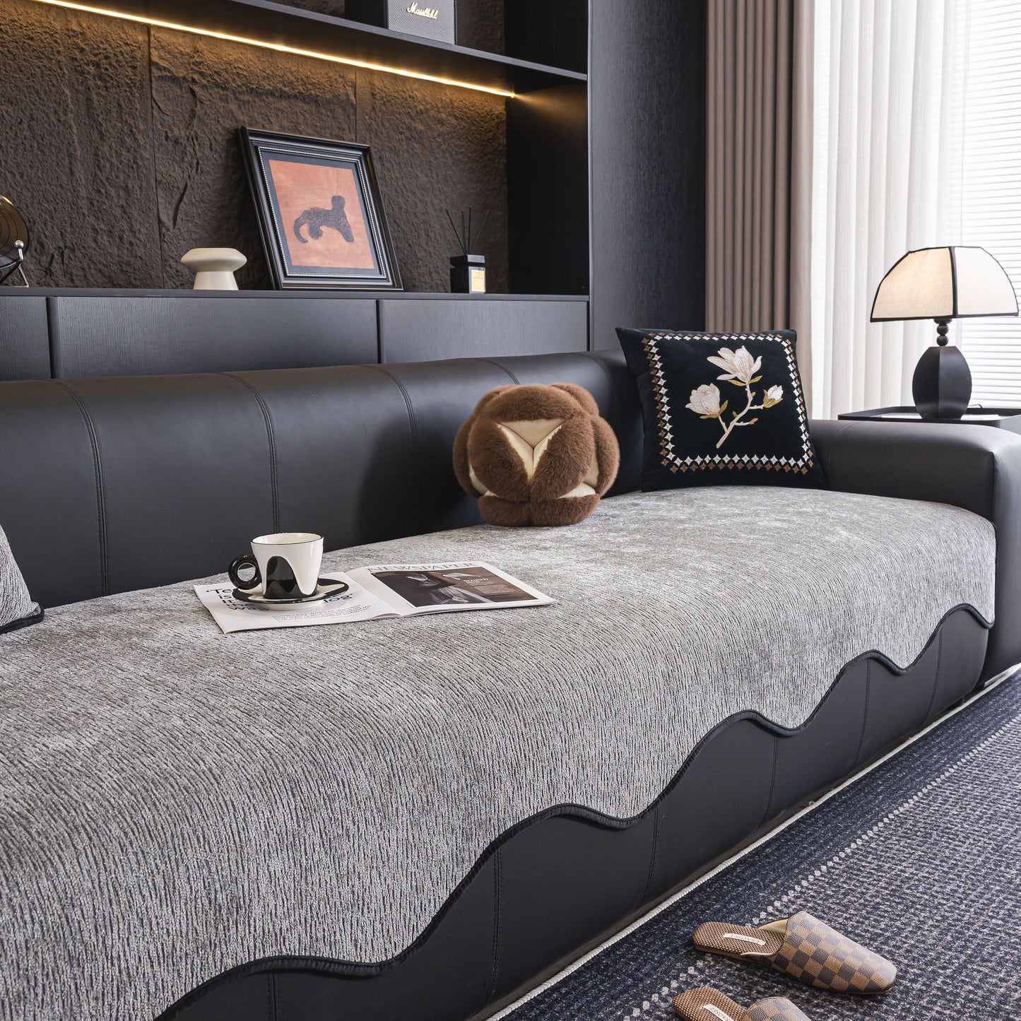 Chenille Couch Cover with Scalloped Edge on black sofa, elegant non-slip modular slipcover sectional, stylish living room decor