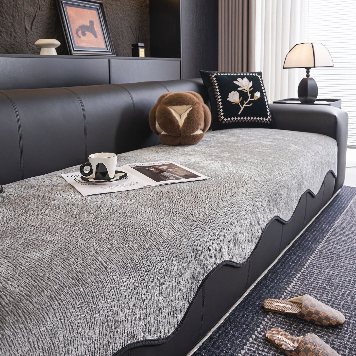 Chenille Couch Cover with Scalloped Edge displayed on a modern sofa, showcasing non-slip modular slipcover sectional design.