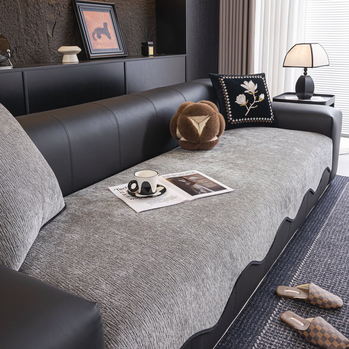 Chenille Couch Cover with Scalloped Edge, Non-Slip Modular Slipcover Sectional on a sofa in a modern living room setting.