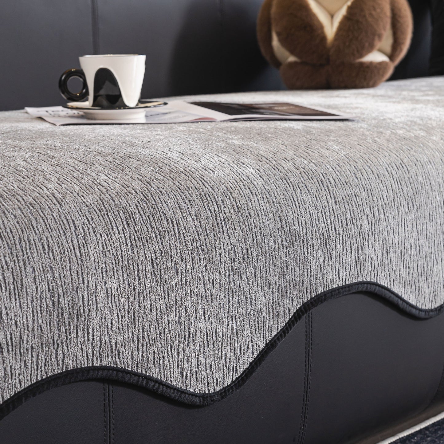 Chenille Couch Cover with Scalloped Edge, Non-Slip Modular Slipcover Sectional showcased on a sofa.