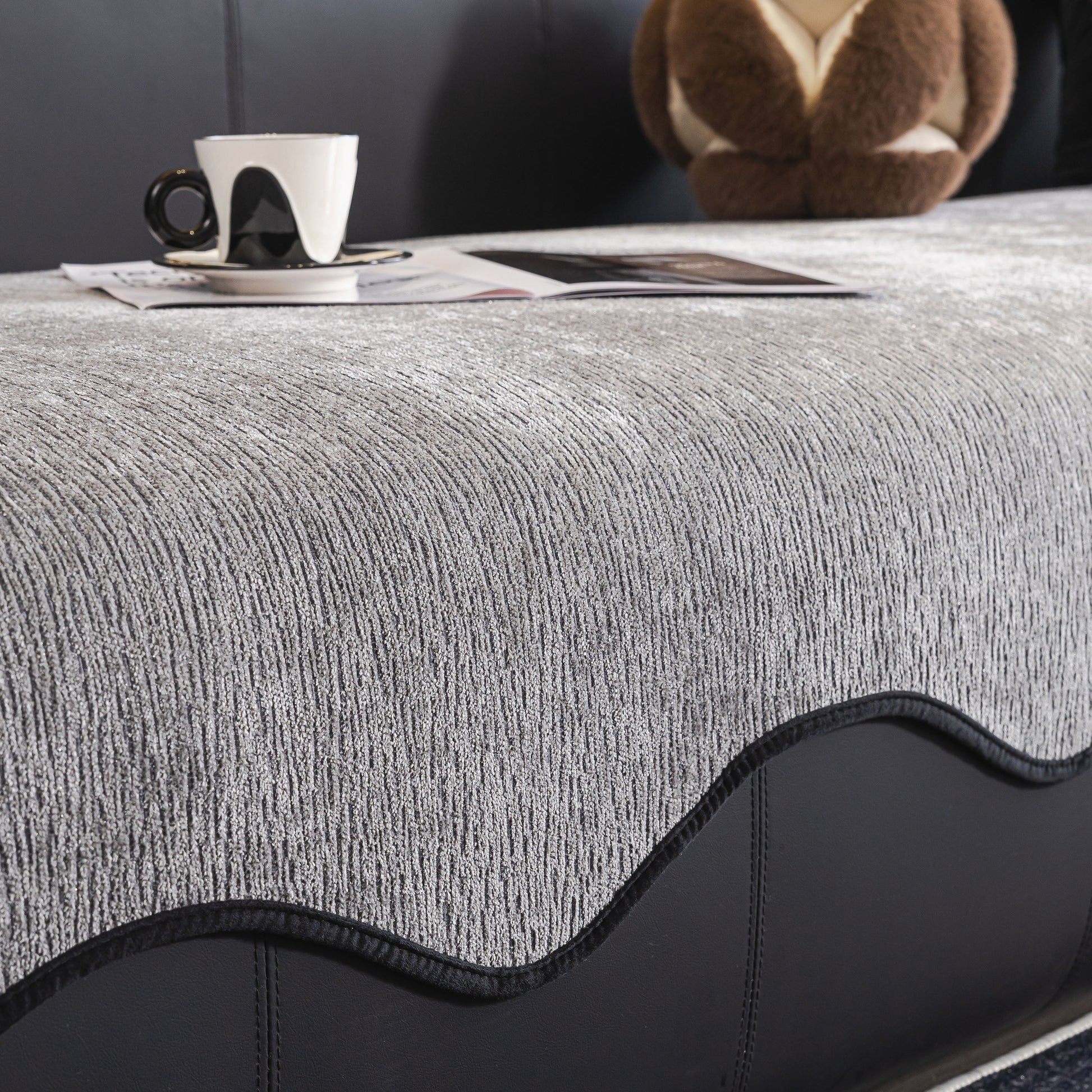 Chenille Couch Cover with Scalloped Edge, Non-Slip Modular Slipcover Sectional showcased on a sofa.