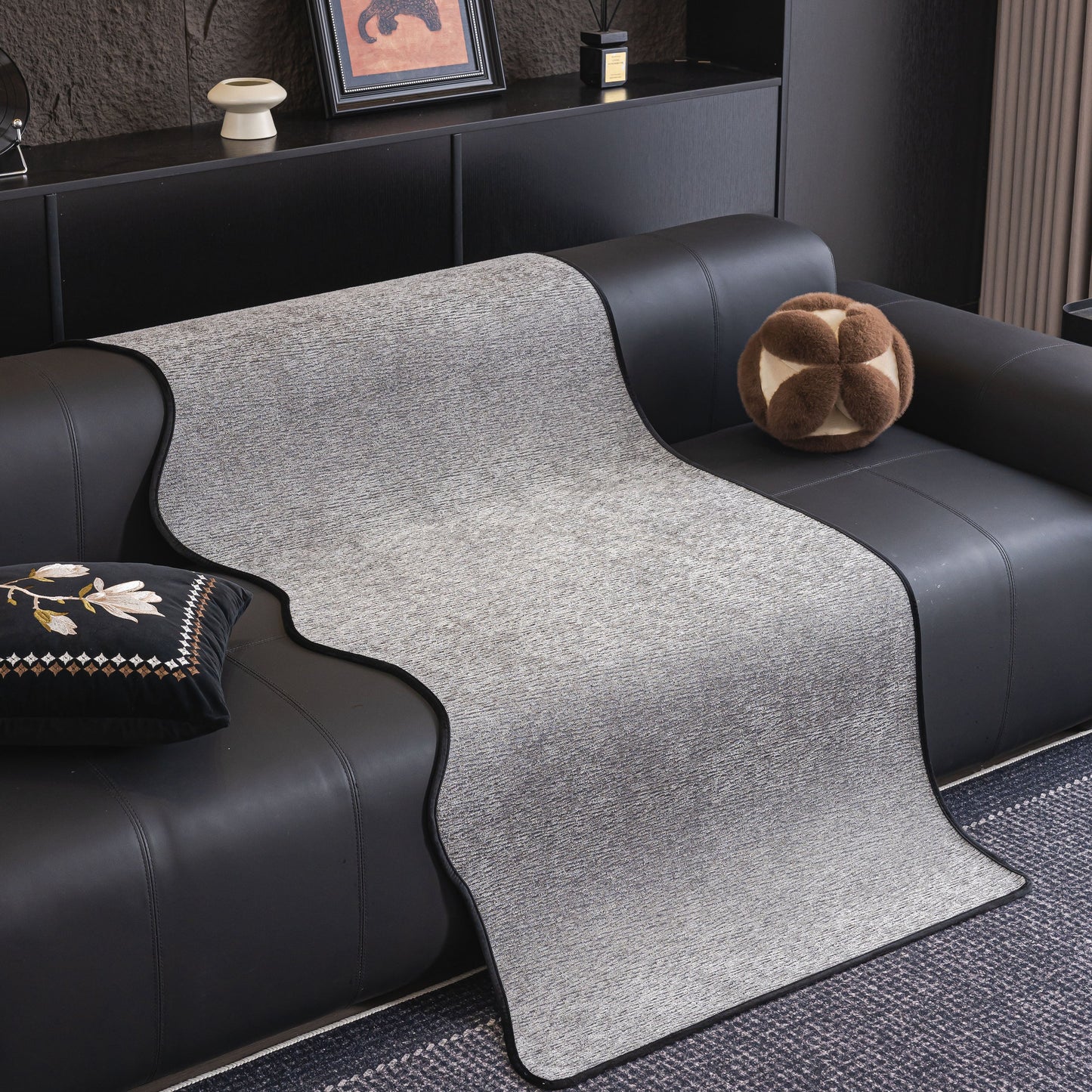 Chenille Couch Cover with Scalloped Edge, Non-Slip Modular Slipcover Sectional on black sofa