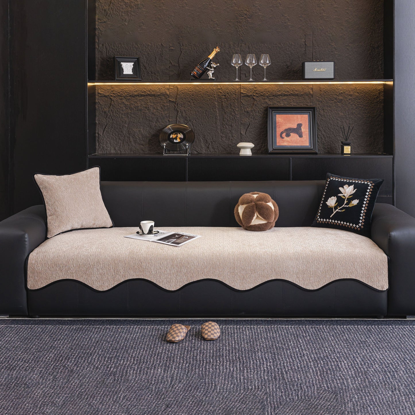 Chenille Couch Cover with Scalloped Edge on a modern black sofa, showcasing a non-slip modular slipcover sectional.