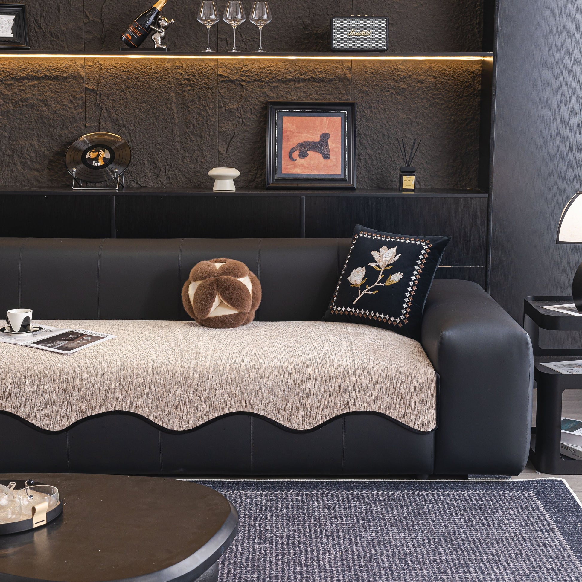 Chenille Couch Cover with Scalloped Edge, Non-Slip Modular Slipcover Sectional in modern living room setting