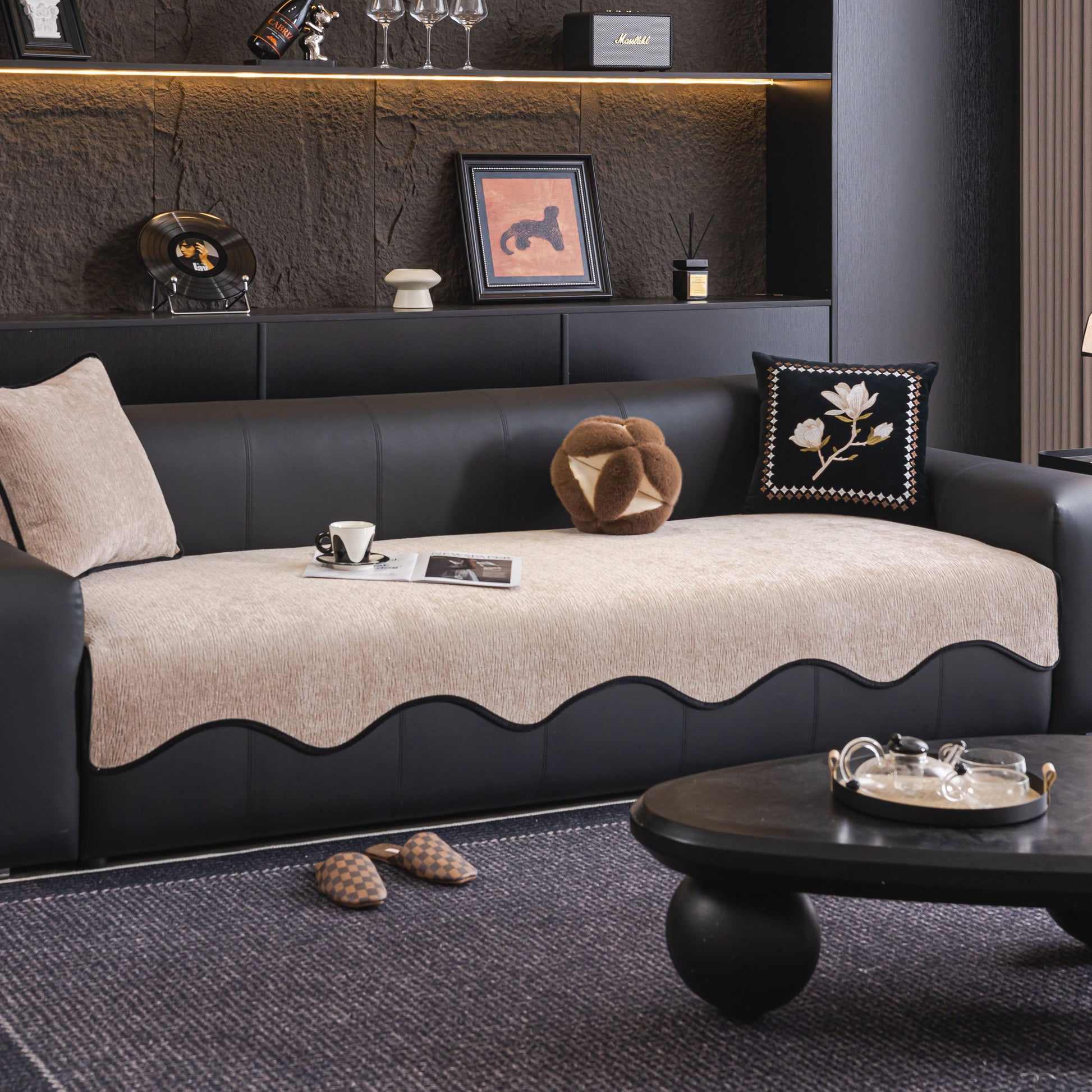 Chenille Couch Cover with Scalloped Edge, Non-Slip Modular Slipcover Sectional on black leather sofa