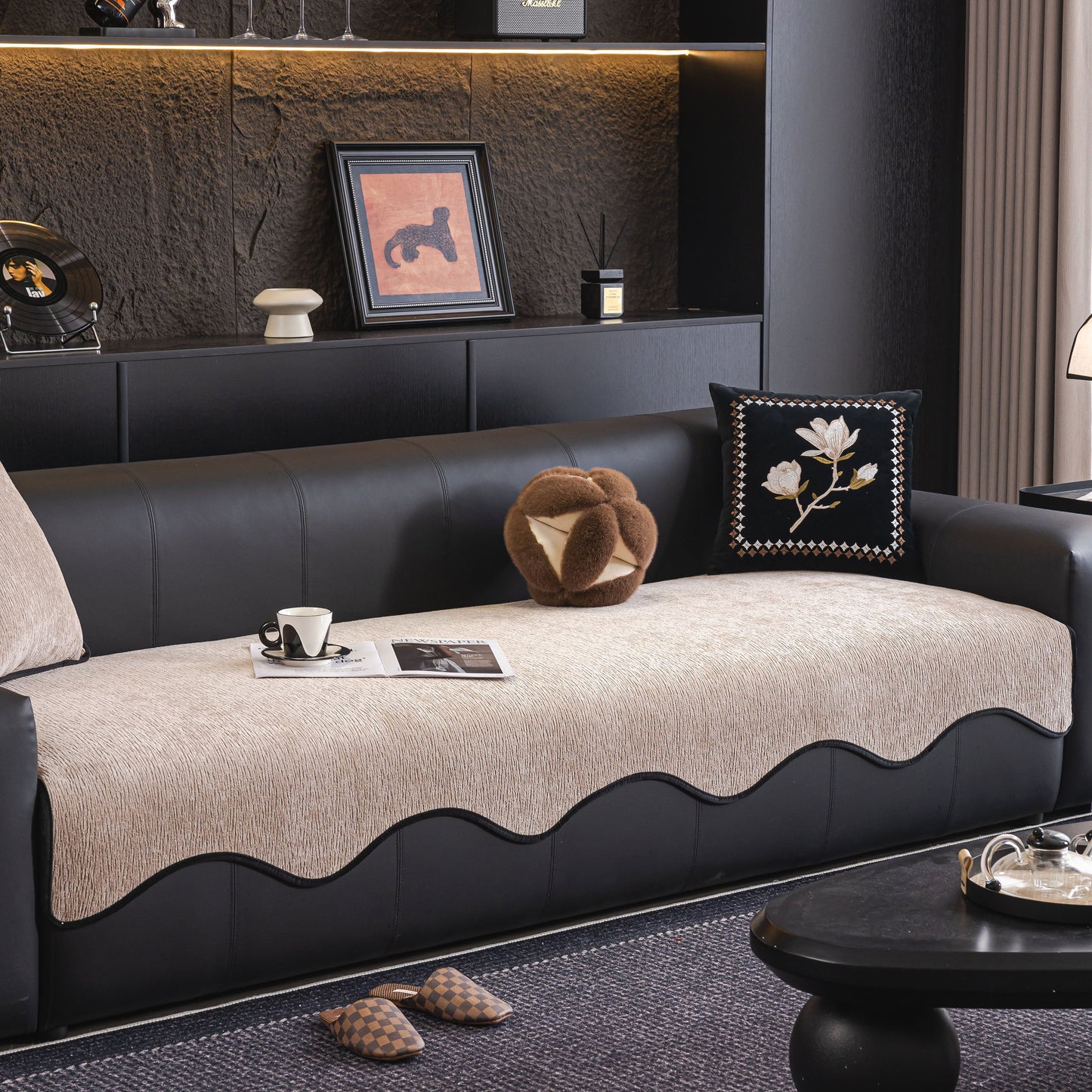 Chenille Couch Cover with Scalloped Edge, Non-Slip Modular Slipcover Sectional on modern black sofa in elegant living room