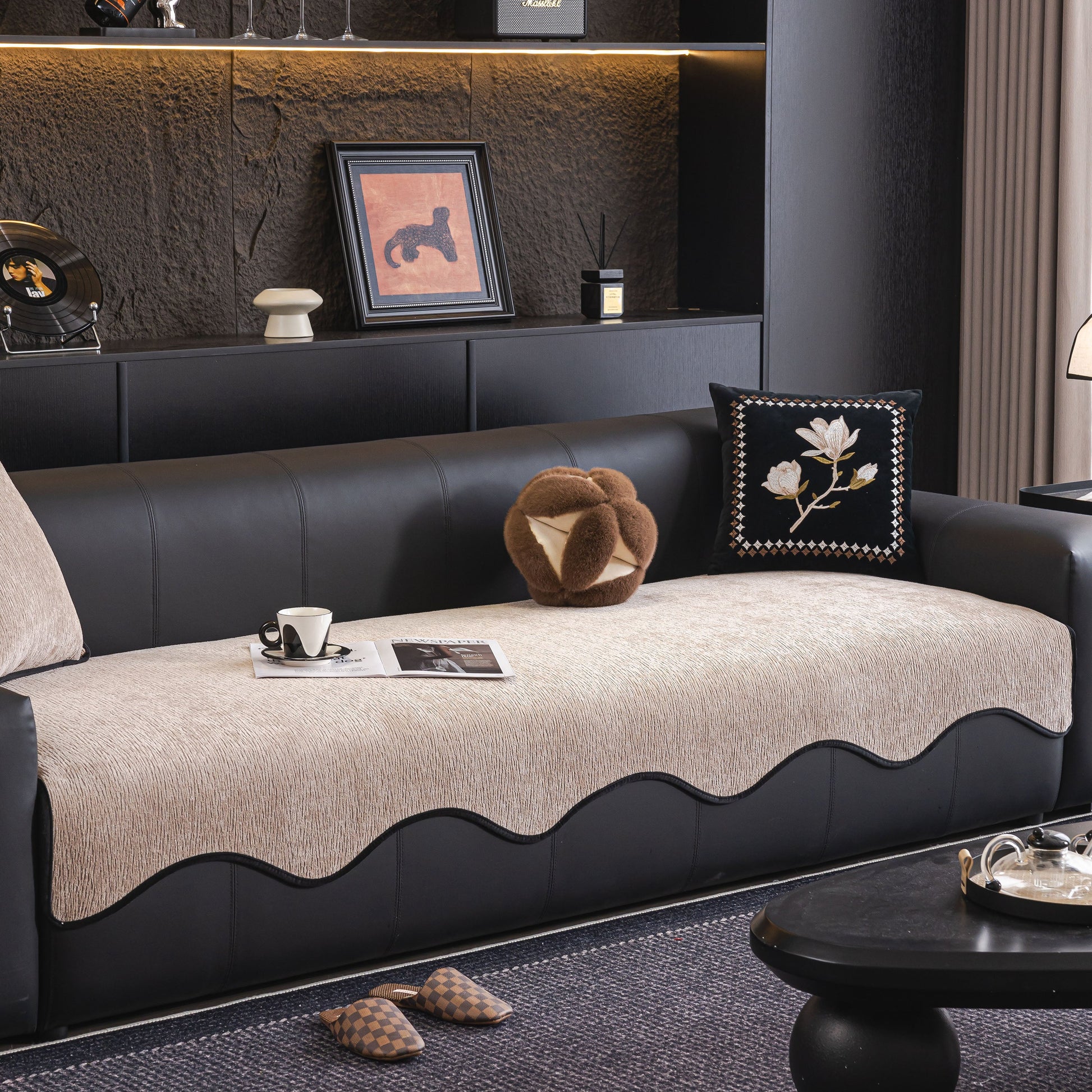 Chenille Couch Cover with Scalloped Edge, Non-Slip Modular Slipcover Sectional on modern black sofa in elegant living room