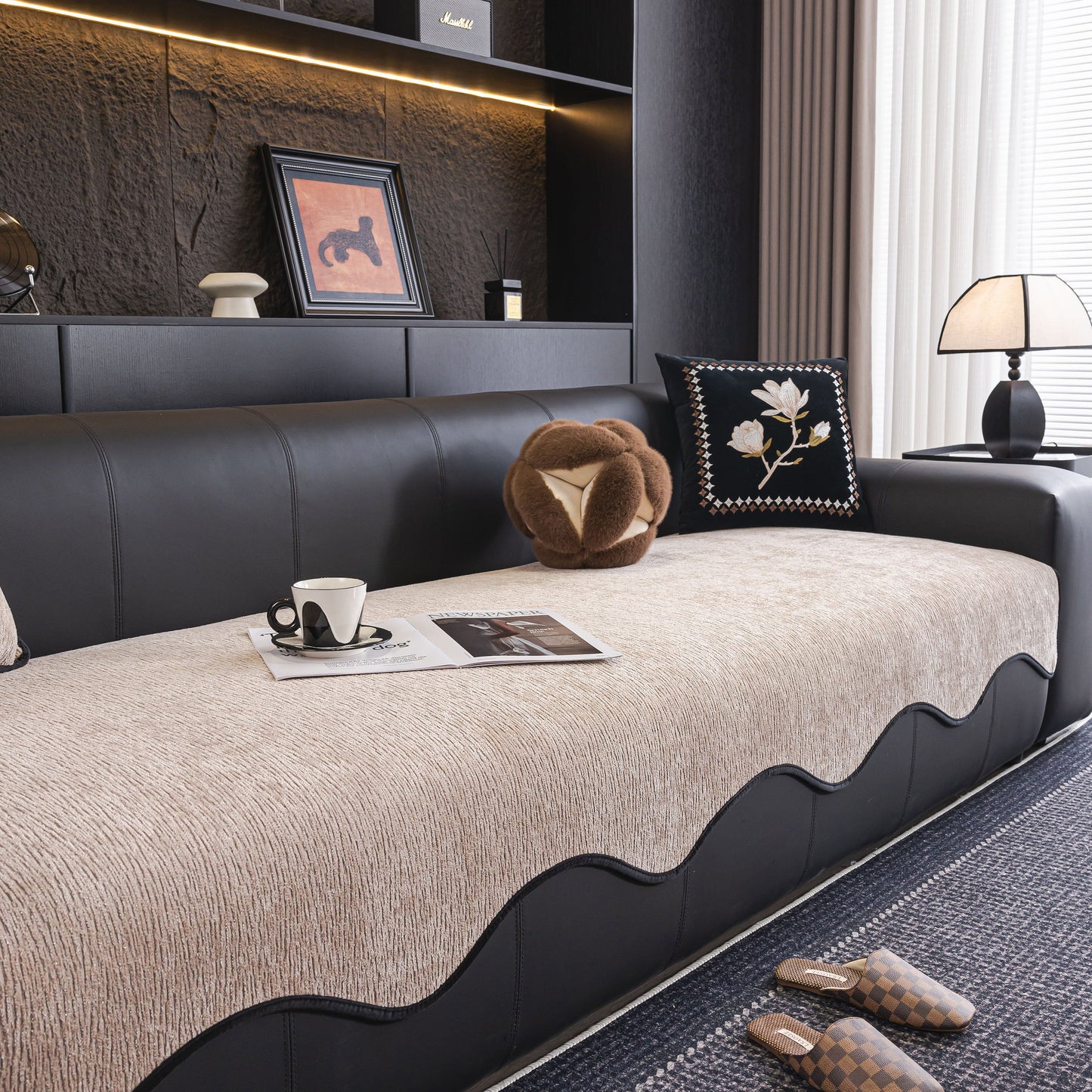 Chenille Couch Cover with Scalloped Edge, Non-Slip Modular Slipcover Sectional on black leather sofa