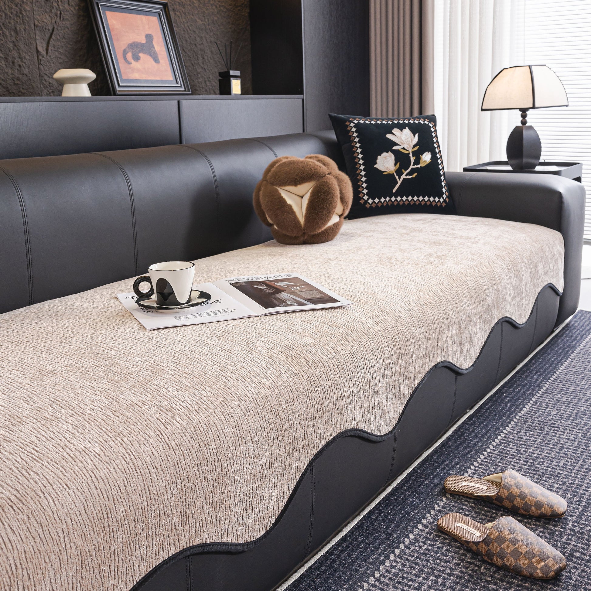 Chenille Couch Cover with Scalloped Edge, Non-Slip Modular Slipcover Sectional on a leather sofa with elegant design