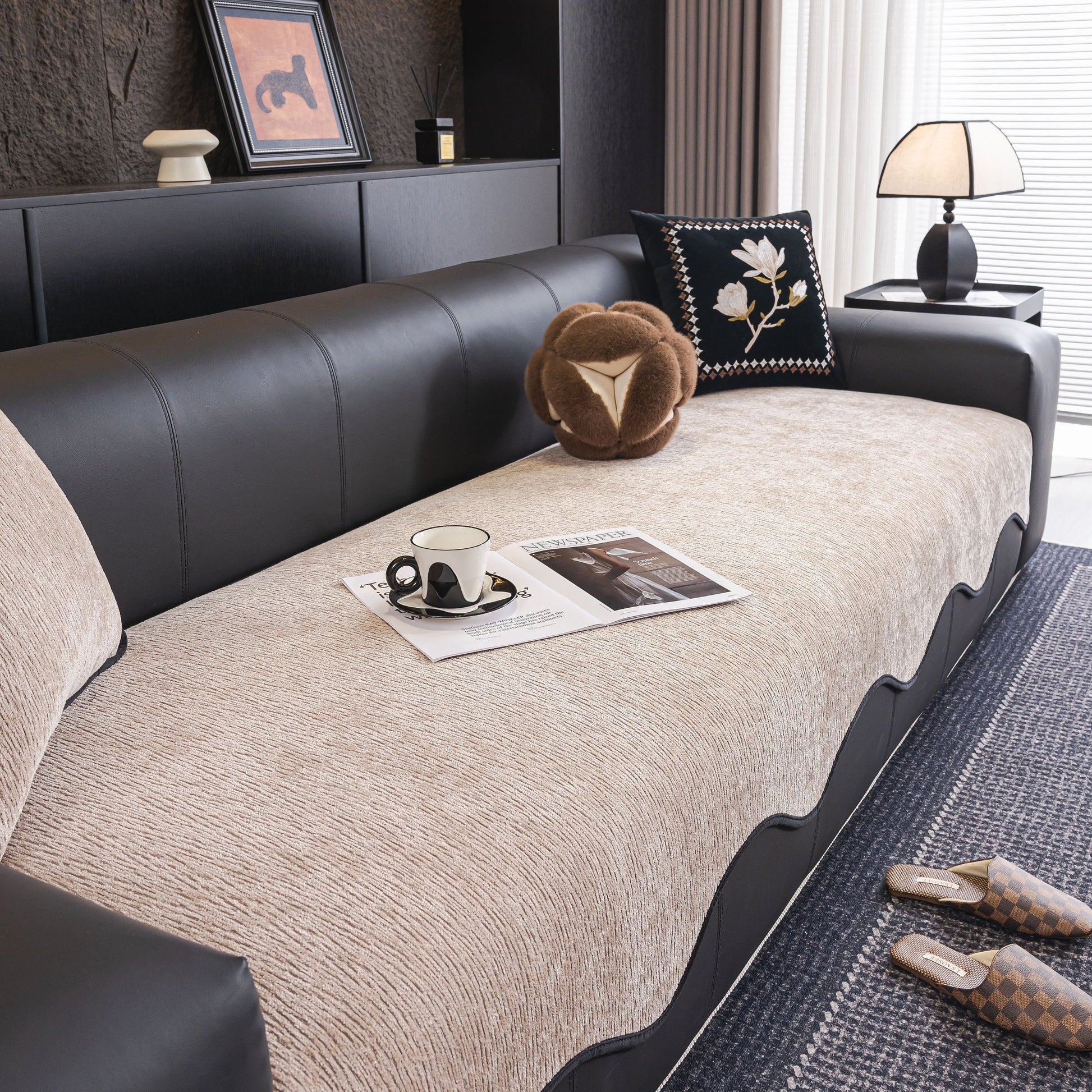 Neutral Chenille Couch Cover with Scalloped Edge on sectional sofa