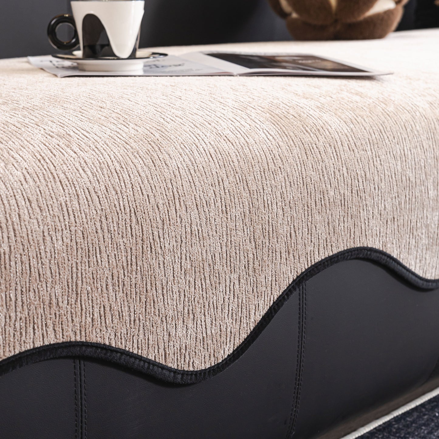 Chenille Couch Cover with Scalloped Edge, Non-Slip Modular Slipcover Sectional on sofa