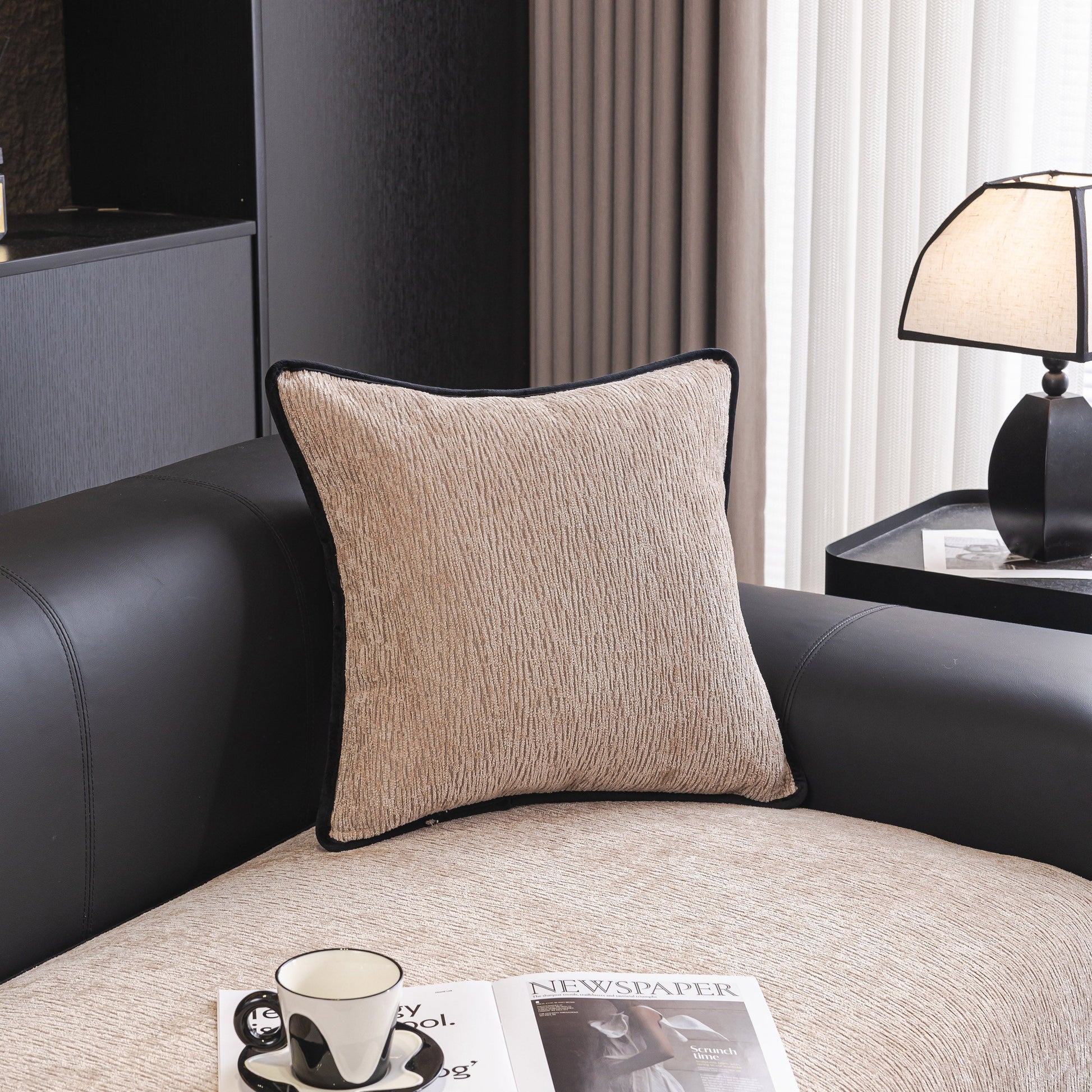 Chenille Couch Cover with Scalloped Edge, Non-Slip Modular Slipcover Sectional on black leather sofa