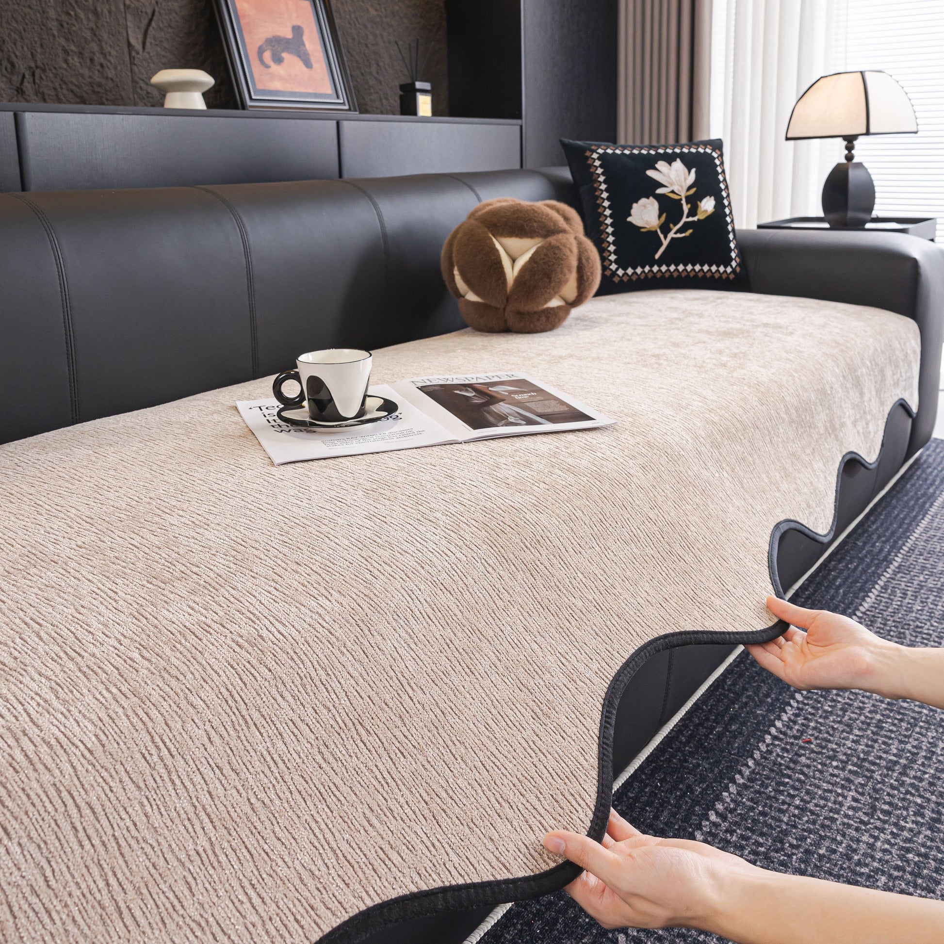 Chenille Couch Cover with Scalloped Edge, Non-Slip Modular Slipcover Sectional showcasing elegant design on a sofa