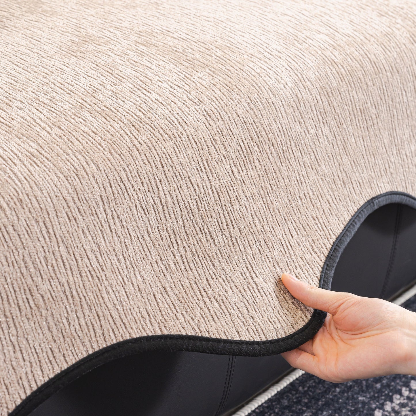 Chenille Couch Cover with Scalloped Edge, Non-Slip Modular Slipcover Sectional showcasing premium chenille fabric and elegant scalloped waves.