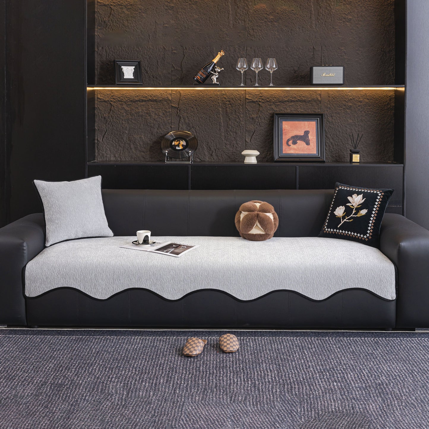 Chenille Couch Cover with Scalloped Edge, Non-Slip Modular Slipcover Sectional on dark modern sofa