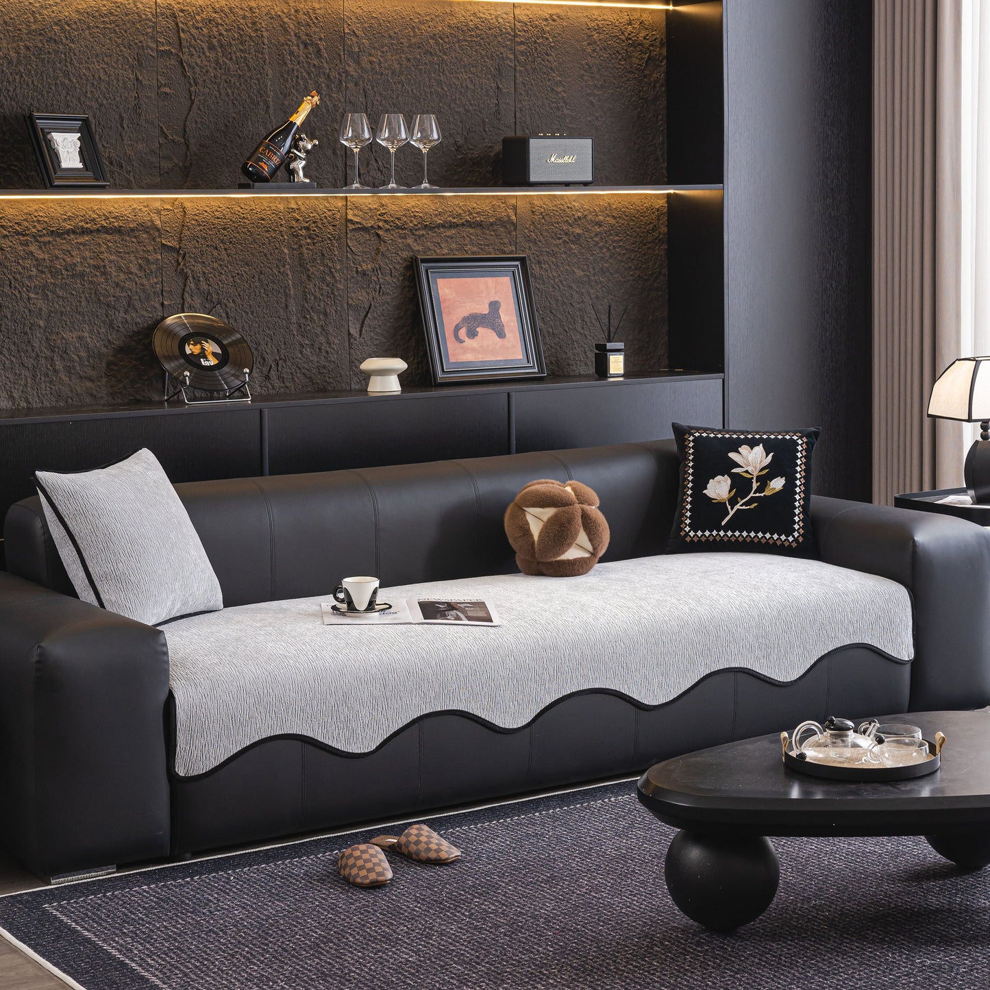 Chenille Couch Cover with Scalloped Edge, Non-Slip Modular Slipcover Sectional on black sofa, elegant living room setting