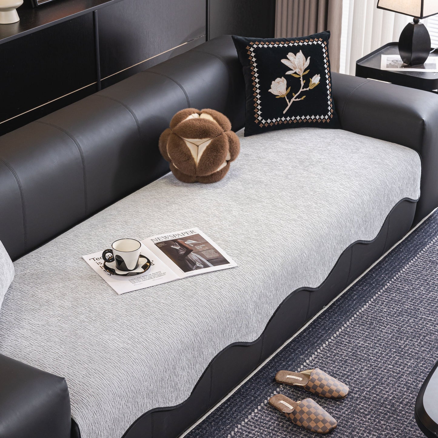 Chenille Couch Cover with Scalloped Edge, Non-Slip Modular Slipcover Sectional displayed on a modern sofa.
