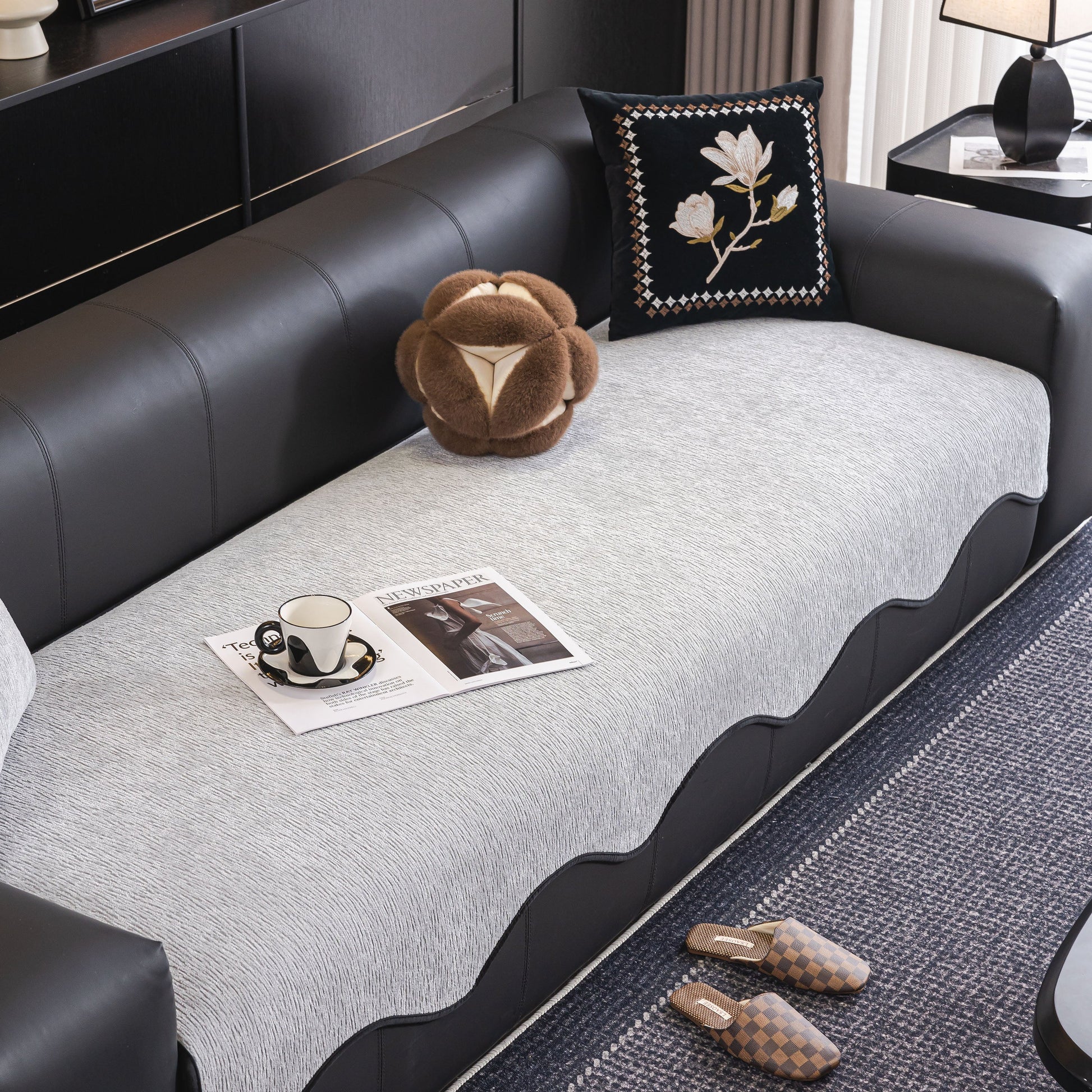 Chenille Couch Cover with Scalloped Edge, Non-Slip Modular Slipcover Sectional displayed on a modern sofa.