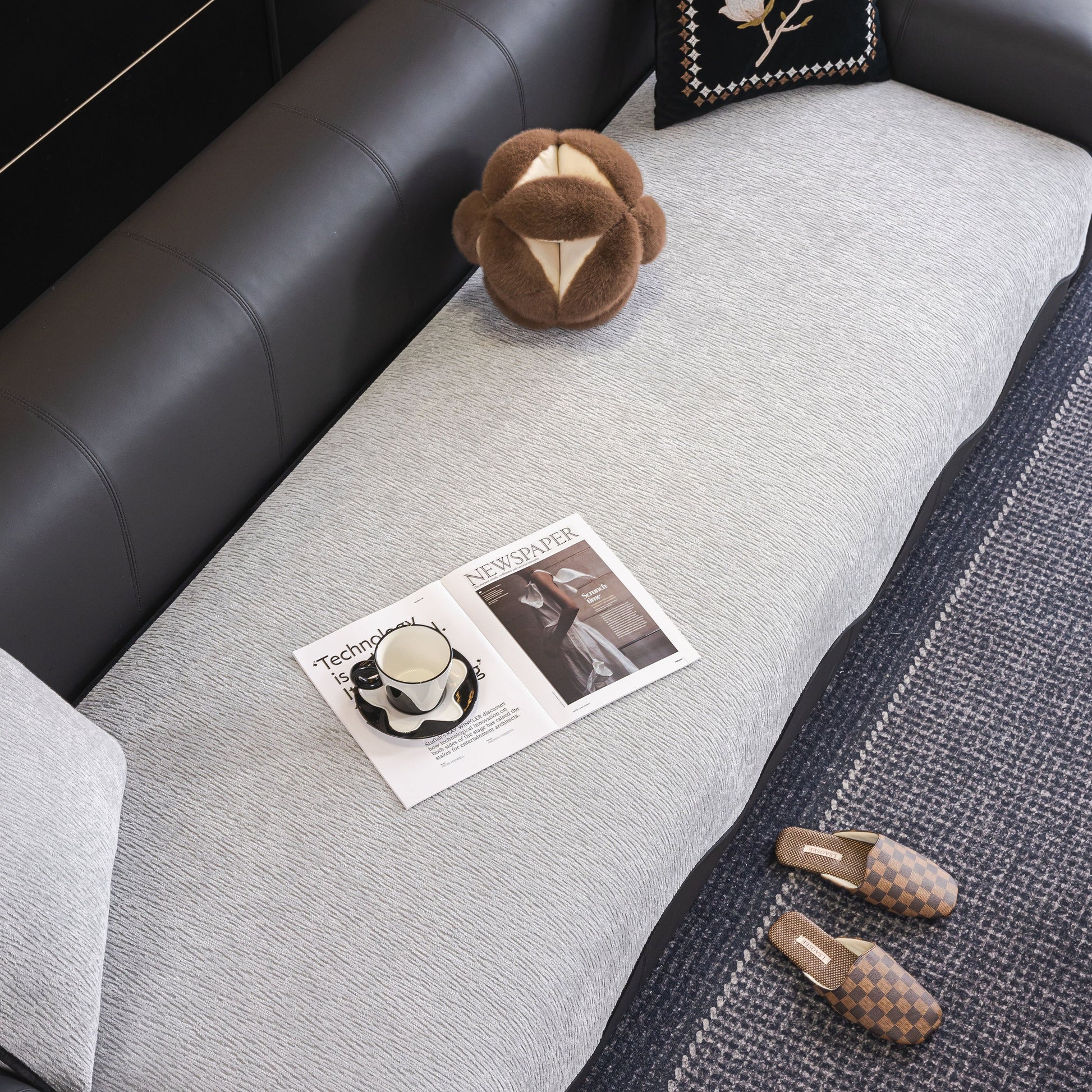 Chenille Couch Cover with Scalloped Edge, Non-Slip Modular Slipcover Sectional on plush sofa with cozy setup.