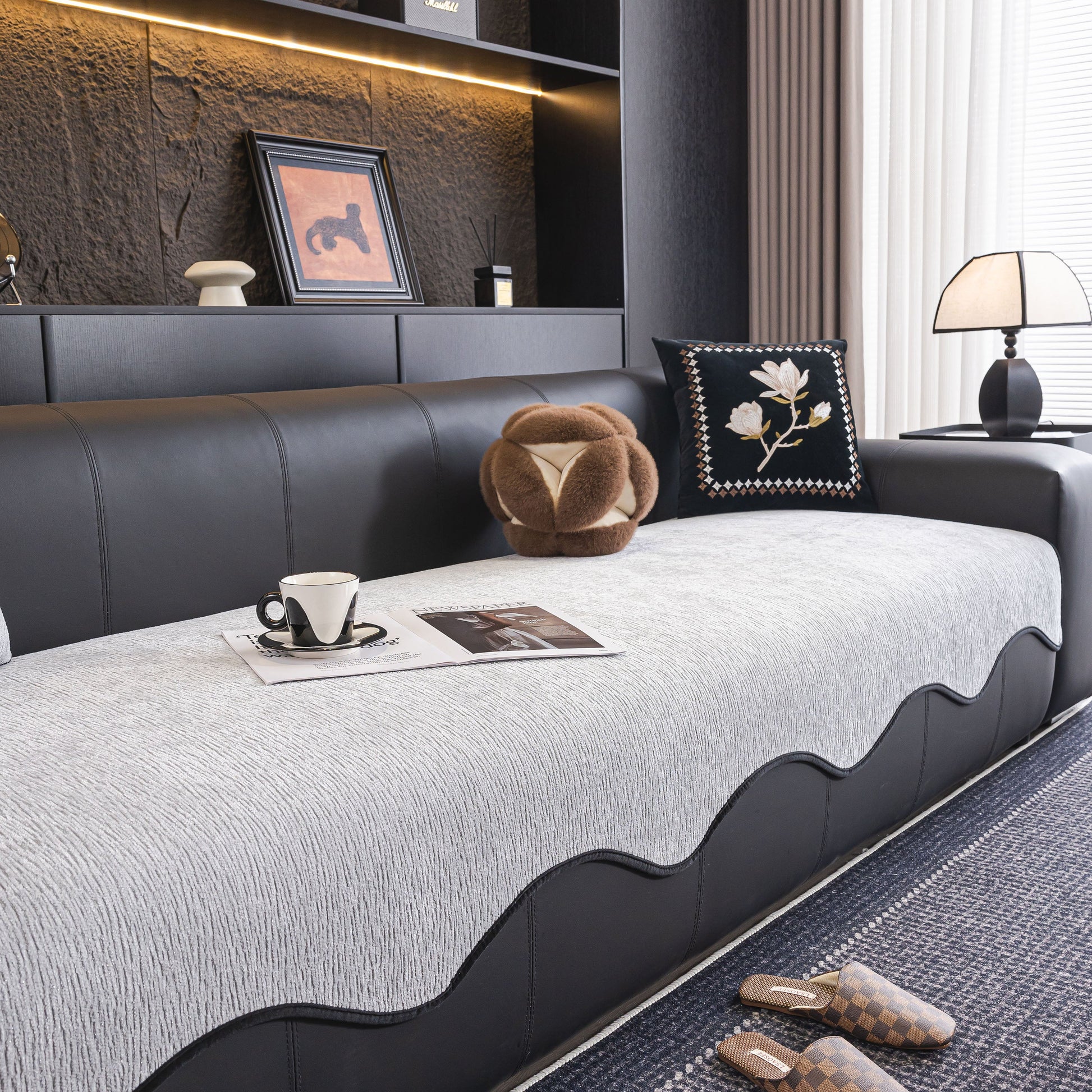 Chenille Couch Cover with Scalloped Edge, Non-Slip Modular Slipcover Sectional on modern black sofa in stylish living room
