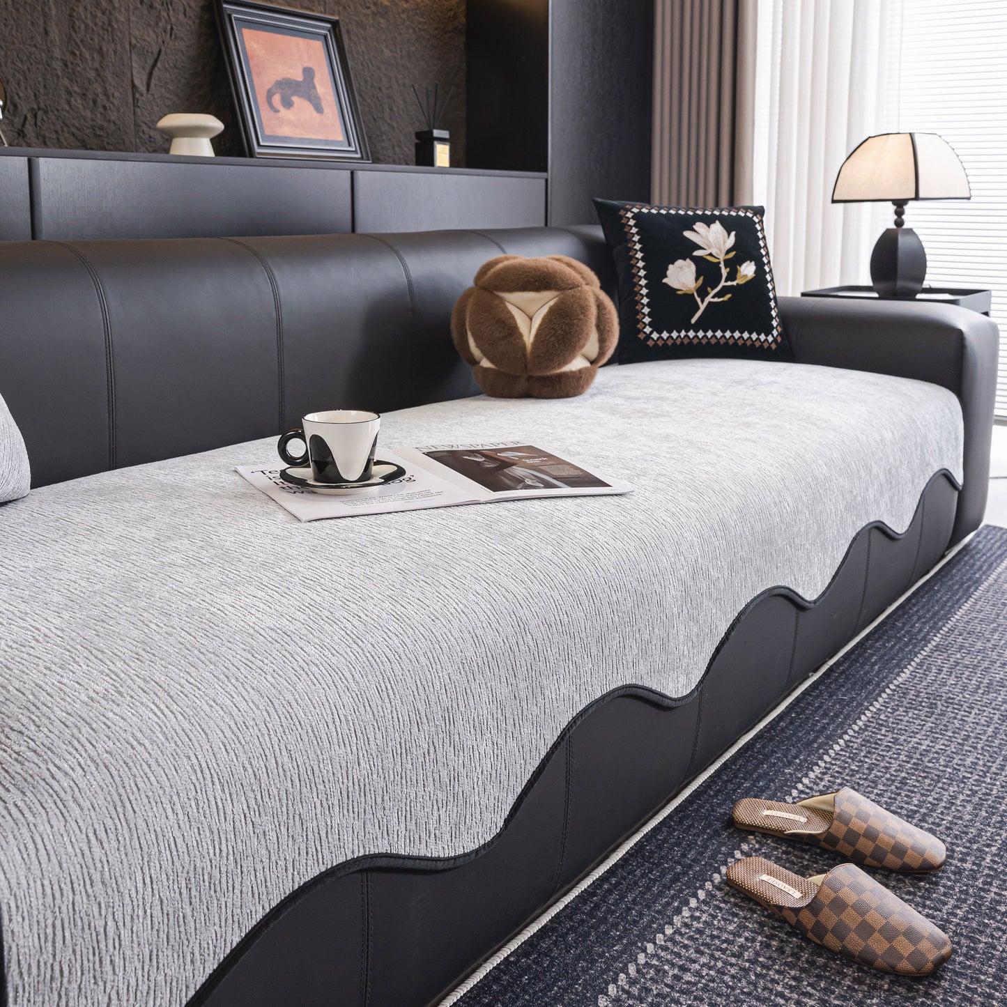 Chenille Couch Cover with Scalloped Edge, Non-Slip Modular Slipcover Sectional on black sofa