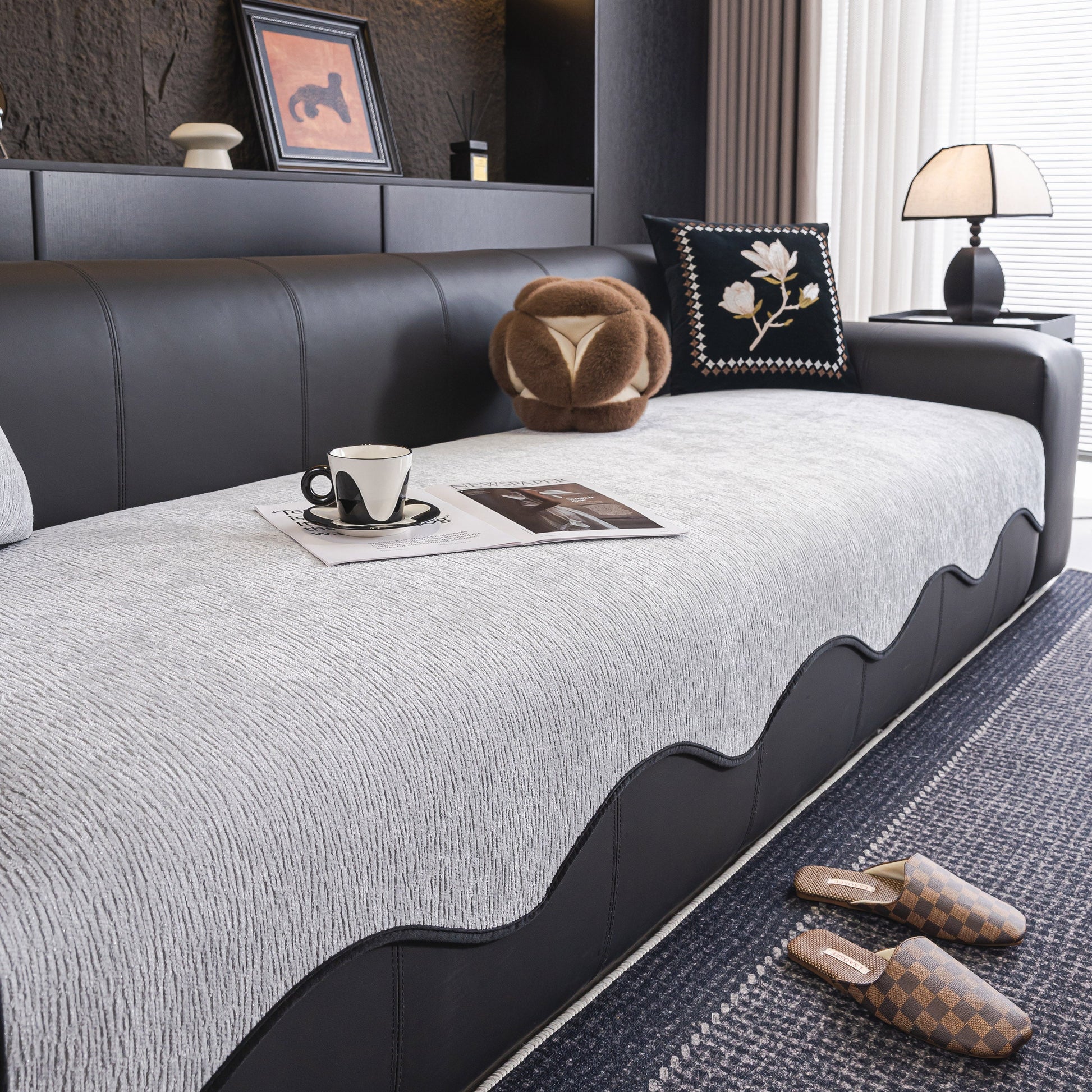 Chenille Couch Cover with Scalloped Edge, Non-Slip Modular Slipcover Sectional on black sofa