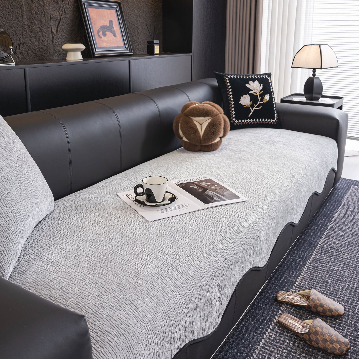 Chenille Couch Cover with Scalloped Edge, Non-Slip Modular Slipcover Sectional on black sofa in modern living room setting