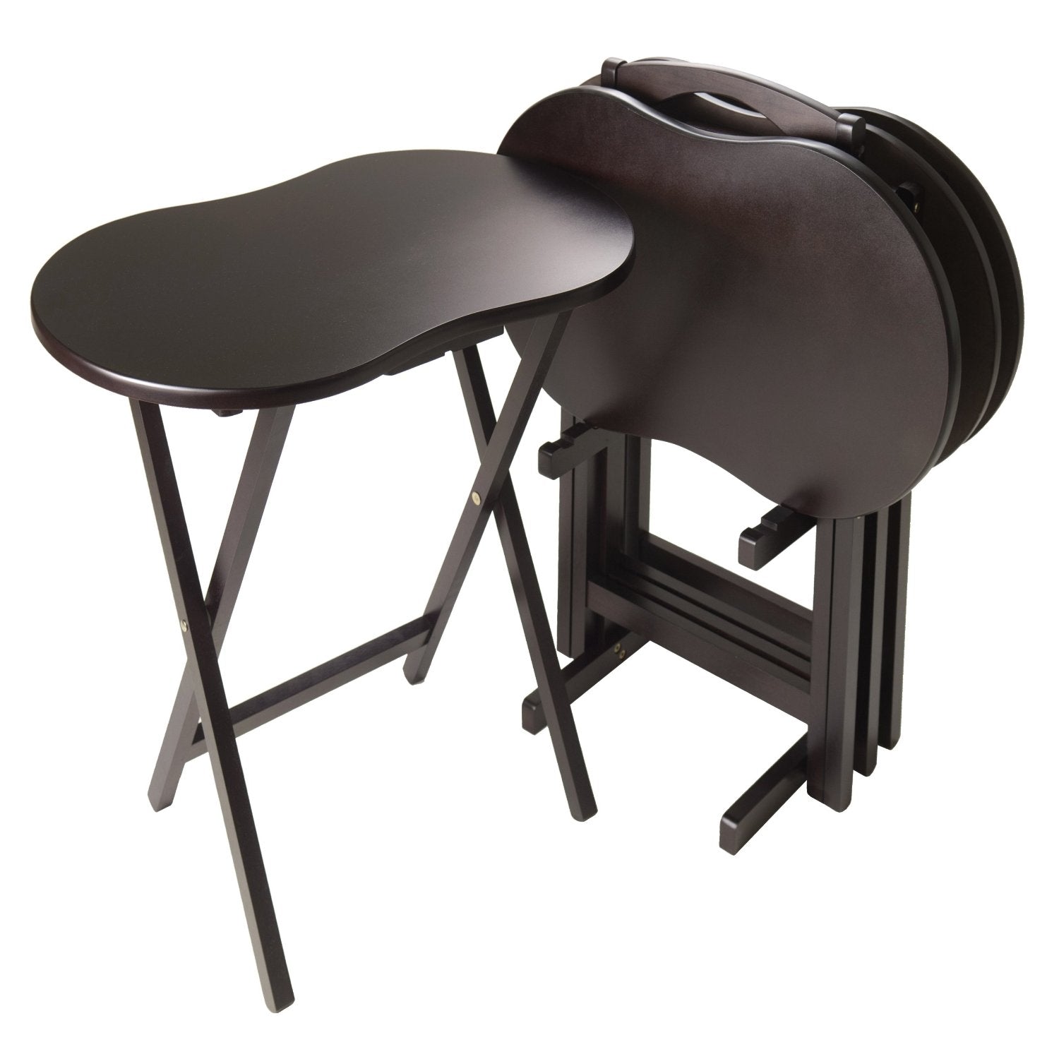 5-Piece TV Table Set in Espresso Finish with Peanut Shape Top showcasing unique table design and storage stand.