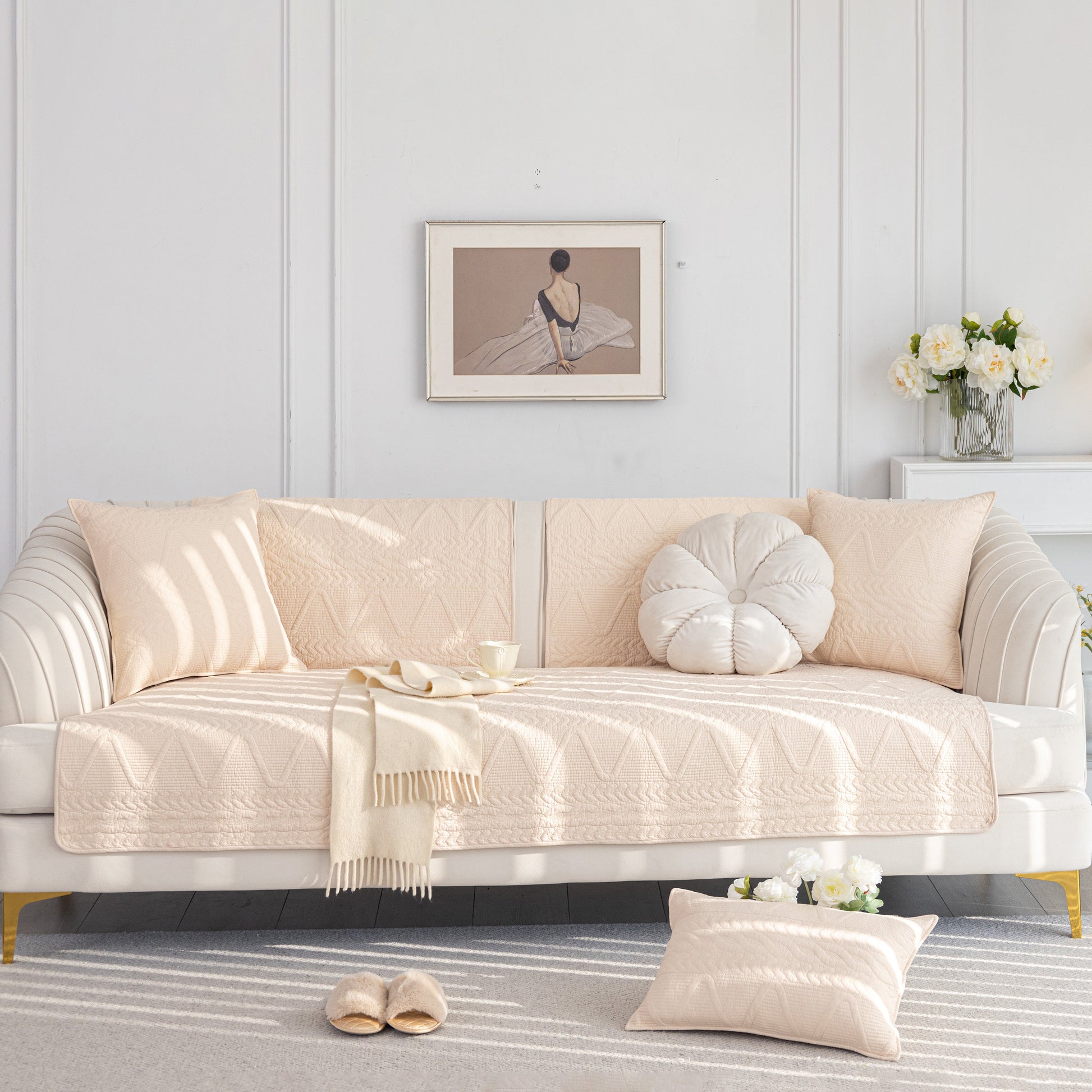 Geometric Textured Cotton Quilted Sofa Cover, Non-Slip Washable Couch Protector in modern living room setting.