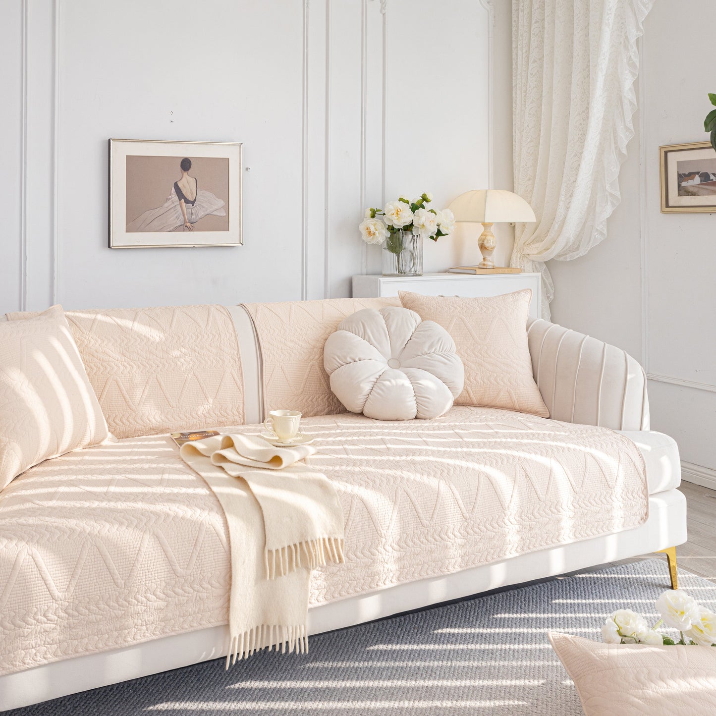 Geometric Textured Cotton Quilted Sofa Cover, Non-Slip Washable Couch Protector in a modern living room setting