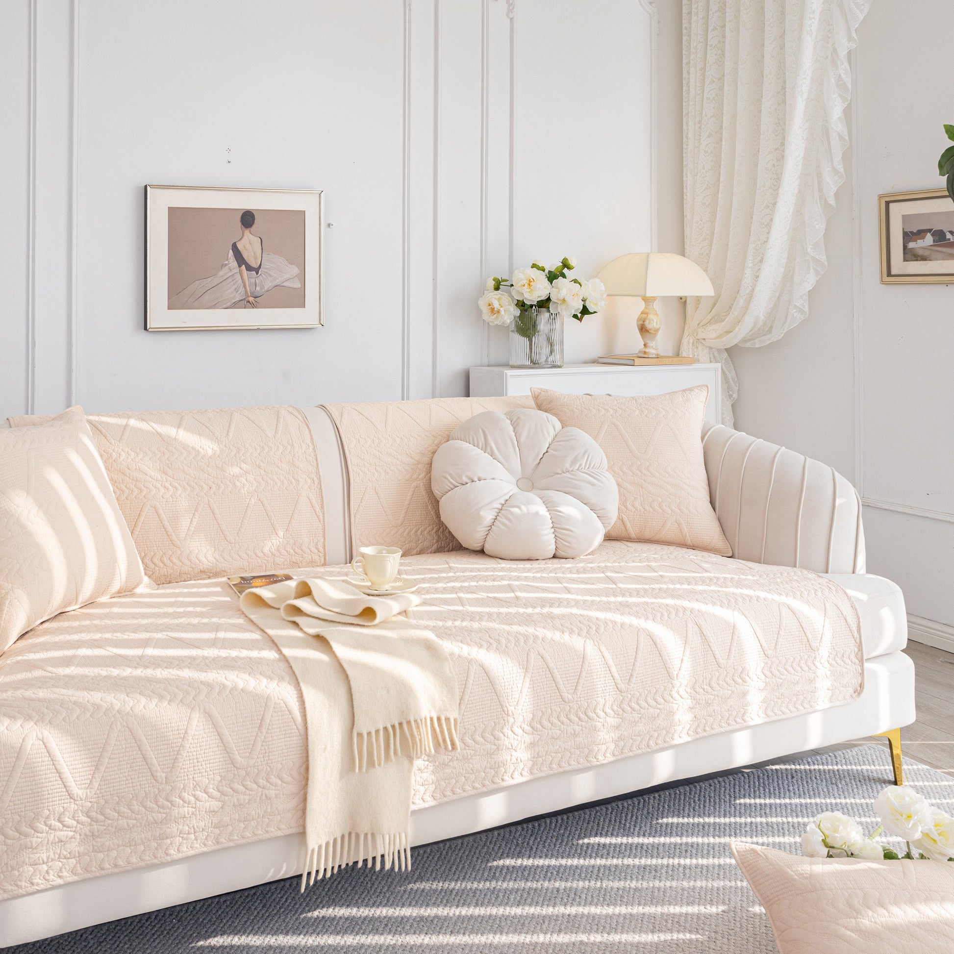 Geometric Textured Cotton Quilted Sofa Cover, Non-Slip Washable Couch Protector in a modern living room setting