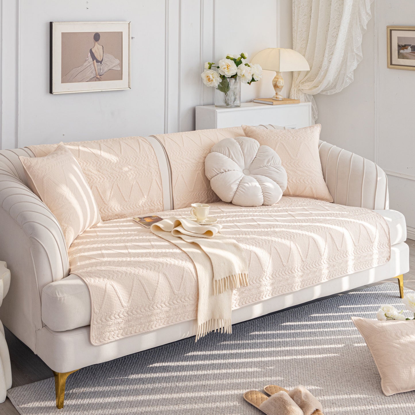Geometric Textured Cotton Quilted Sofa Cover, Non-Slip Washable Couch Protector on a modern sofa in a stylish living room.
